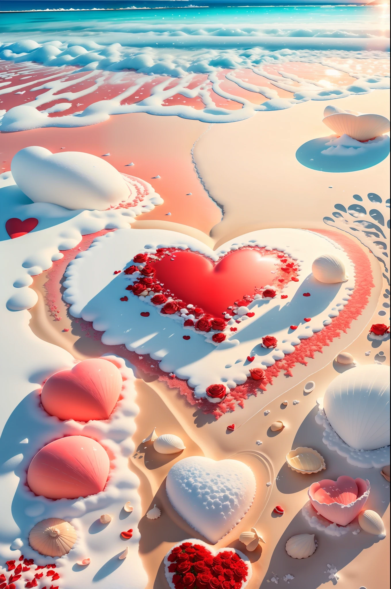 Exquisite scenes, depth of field, 8K, ivory sky, white clouds, sun shining on snow-white sand. Coral sea, there are many colorful heart-shaped shells on the beach, red roses, rose flowers,