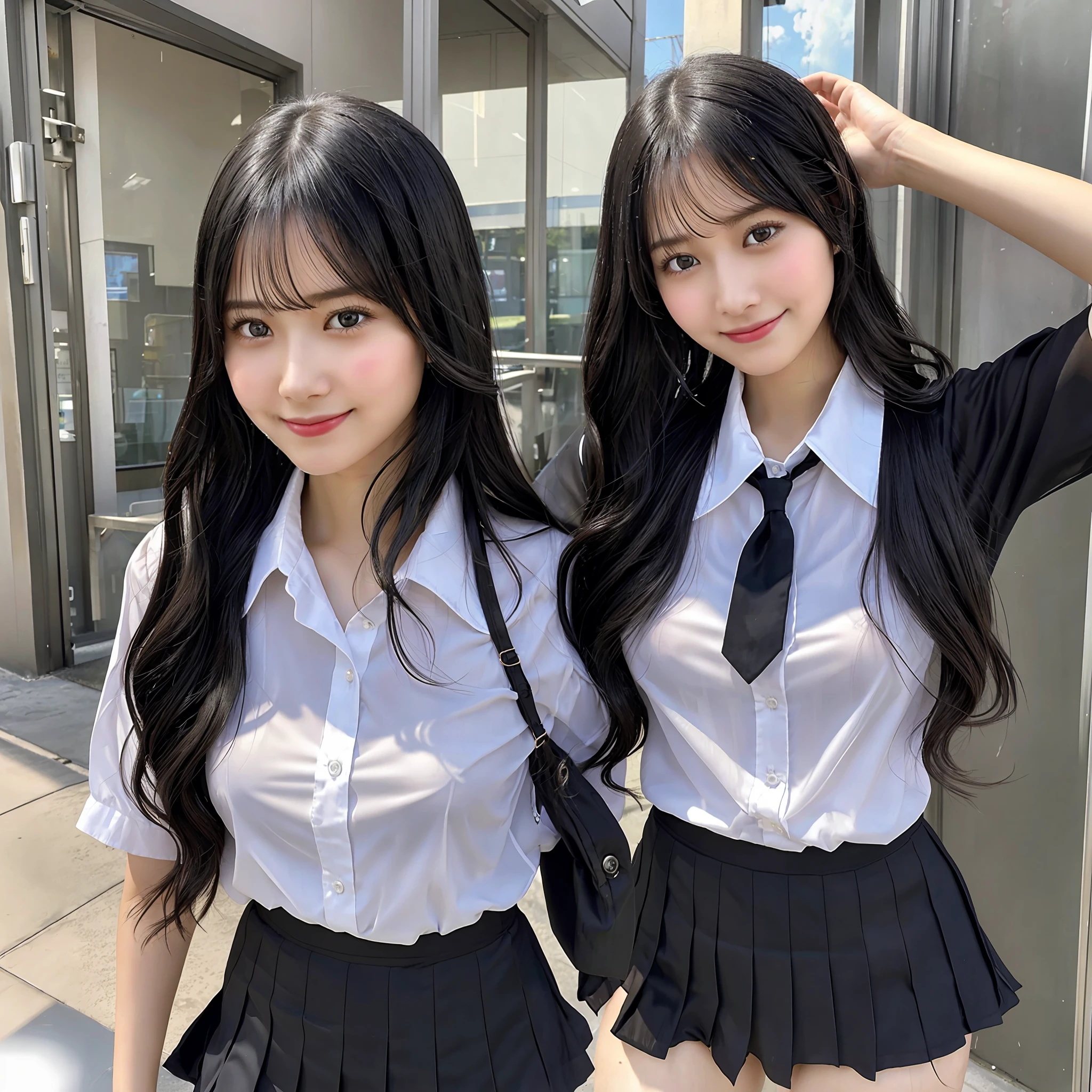 black hair, smiling, favorite partner, (8k, RAW photo, top quality, masterpiece: 1.2), (realistic, photorealistic: 1.37), (very detailed: 1.2), detailed skin texture, (clear and clear photo image: 1.2), mature, schoolgirl, chest sticking out pose, normal breasts, school uniform, classroom, red cheeks, embarrassed, wet and see-through, underwear sheer