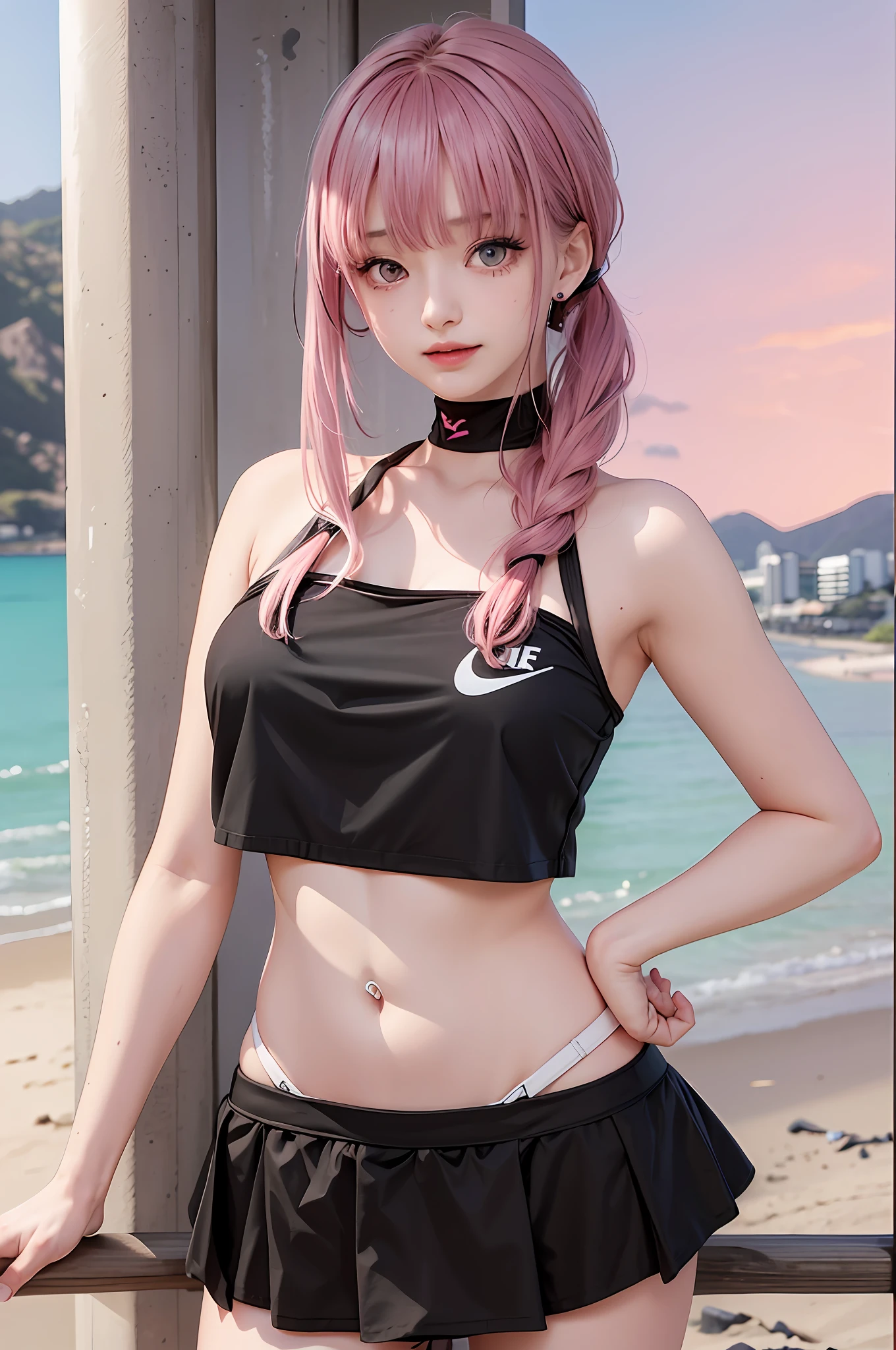 photorealistic, high resolution, 1 girl, black and pink hair, korean, heterochromic eyes, small moles under eyes, bikini, big breasts, beach, outdoor, wharf,