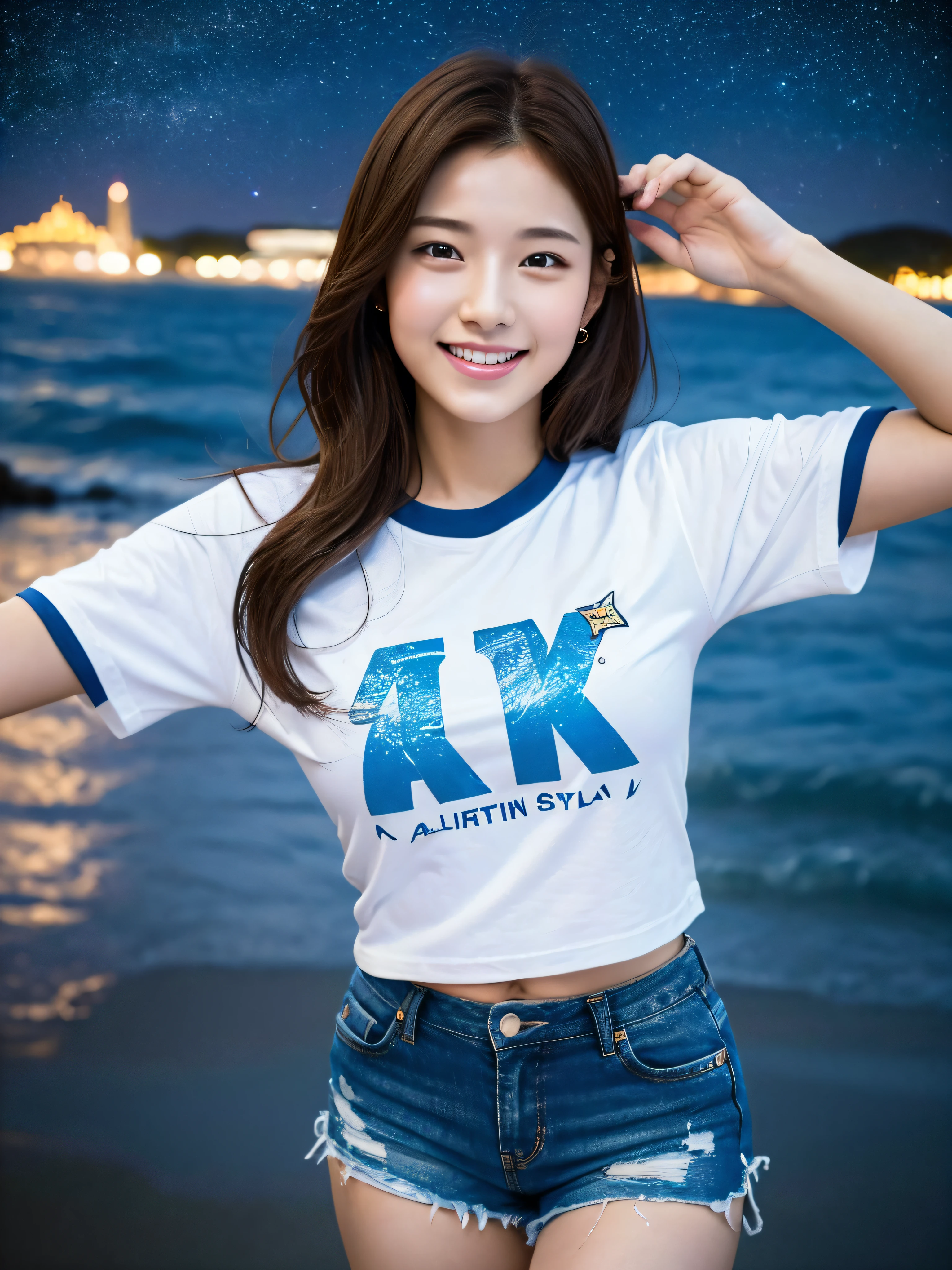 (Best Quality, 8k, 32k, Masterpiece, UHD:1.2), Night, Sand, Starry Sky, Galactic Stars, Seaside, Starlight, Cute Japan Woman Pictures, One Girl, (Big), (Abs), (Lips), (Medium Short Brown Hair), Double Eyelids, Burns, (T-shirt, Shorts)), Illustration, Very Detailed, CG, Unification, 8k Wallpaper, Fantastic, Fine Details, Masterpiece, Top Quality, Movie Lighting, 16 year old girl, (((Dynamic pose))), smile