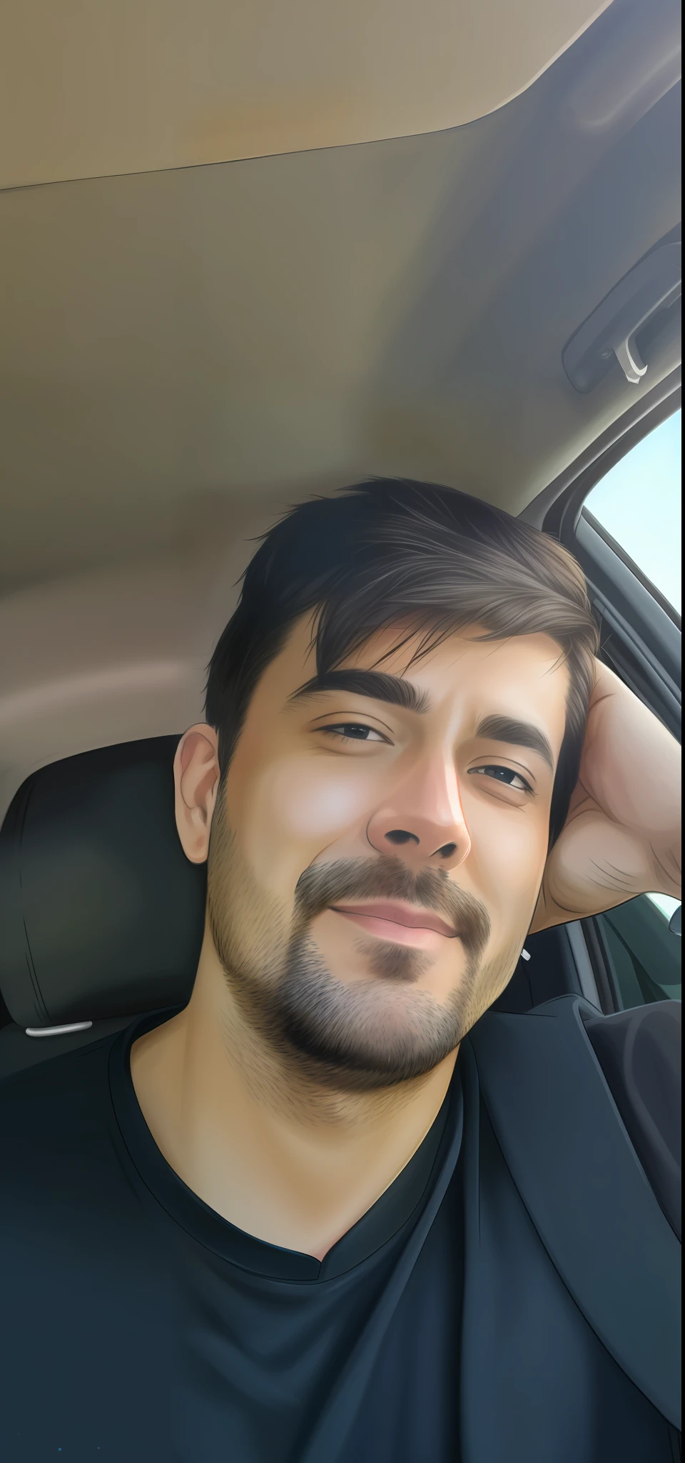 Man sitting in a car with a cell phone in hand, 3 2 years, (38 years), 38 years, realistic anime style