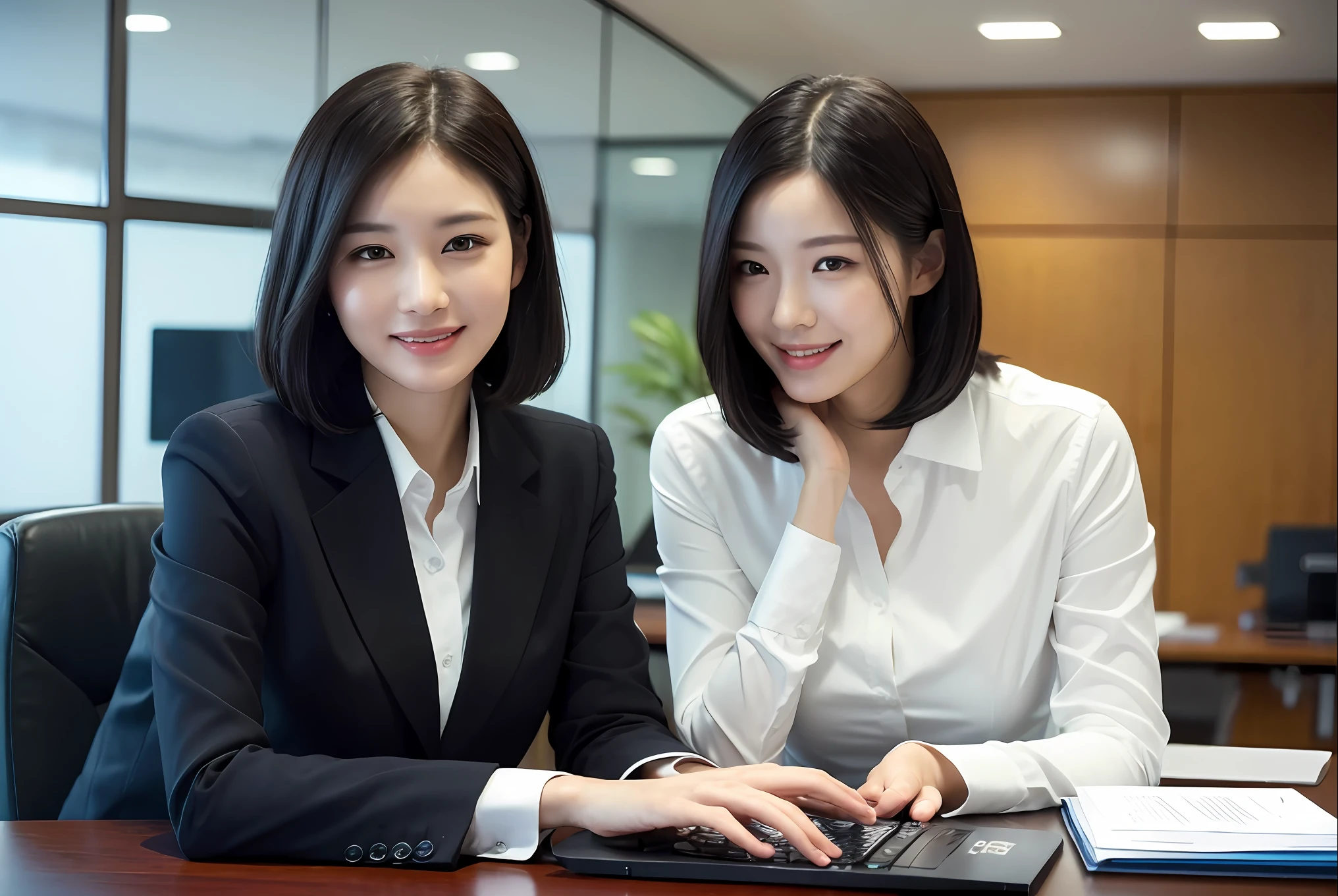 ((Best quality, 8k, Masterpiece :1.3)),photo realistic,formal business scene,recruit activity,1 girl,extremely detailed eyes,ultra-detailed,soft lighting,healthy, sporty, positive thinking,wearing formal business suit,,beautiful office, creative woman,intelligent woman,highly educated woman, well msnnered woman,short hair,black hair,smile softly,typing keyon computer on the desk