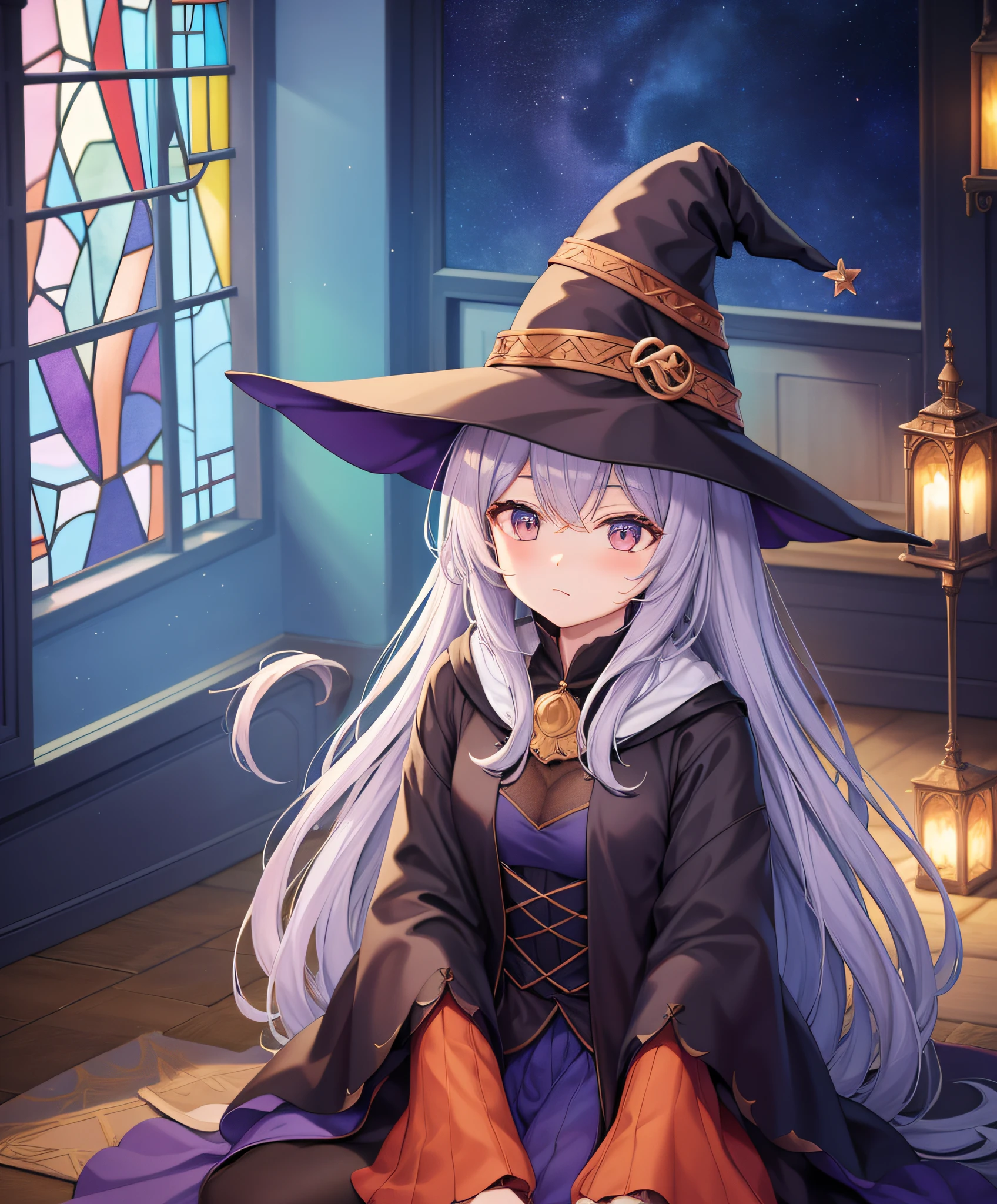 Witch, Camel colors, witch hat, witch outfit, in a room of pastel stained glass, masterpiece, best quality