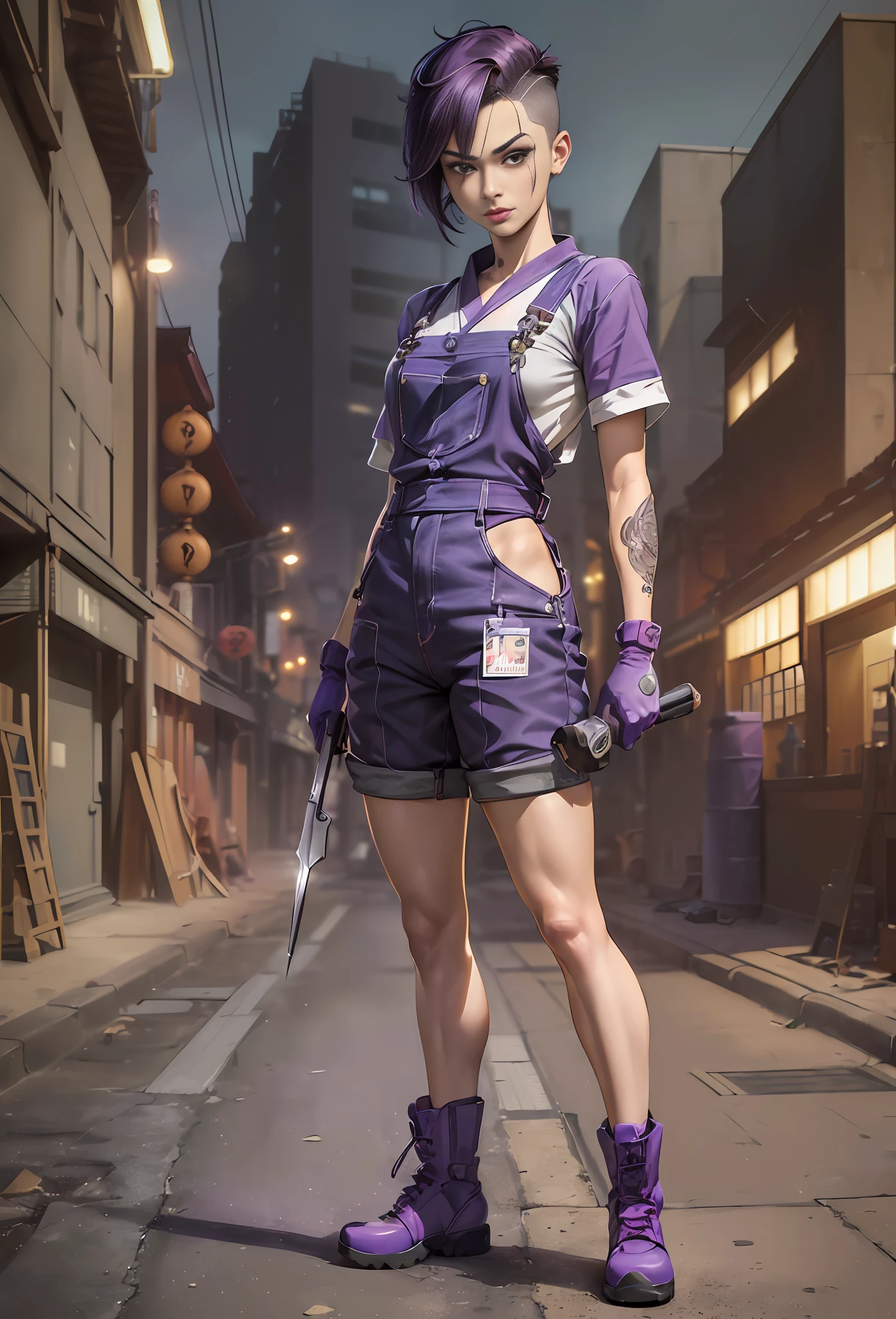 (
(Character: a mechanic girl, japanese:1.4, undercut hair,slim body:1.2, long legs,slim waist, (attractive facial:1.3),with tools:1.5)
(Outfit: purple worker overalls:1.3, black knee pads, black t-shirt, boots:1.3)
(Pose: full body shot:1.5)
(Background:, intense urban lights in background, dark, foggy, night, purple color scheme)
(Style: ((Best quality)), ((masterpiece)), (face detailed:1.4),photo-realistic:1.3,hyperrealistic)
)
