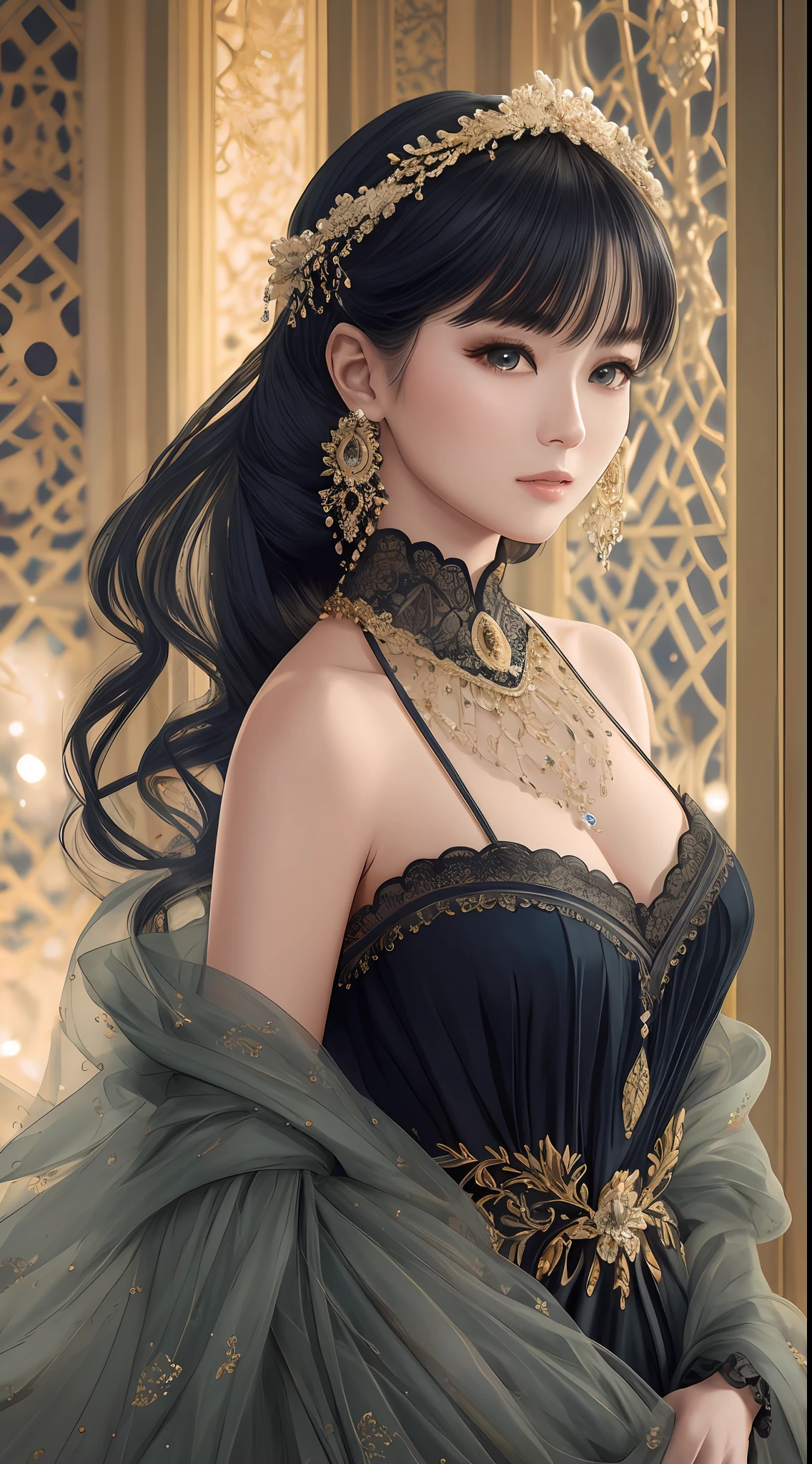 Step into a world of elegance and allure through a captivating long-angle shot with a 9:16 aspect ratio. The shot zooms in, focusing on a beautiful harlot woman adorned in an intricate Nori seaweed dress. As the camera zooms, the details of the dress come to life, showcasing its delicate craftsmanship and unique textures. The dramatic camera angle adds depth and sophistication to the composition, elevating the character's presence. This shot invites the viewer to immerse themselves in the mesmerizing beauty of the character and her exquisite attire natural light, Nikon D850, 50mm, f/1.4