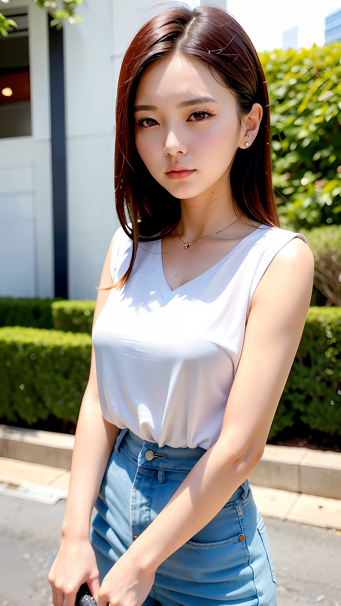 a close up of a woman standing on a street with a purse, korean girl, korean woman, beautiful south korean woman, gorgeous young korean woman, korean women's fashion model, wearing v - neck top, wearing a cute top, beautiful young korean woman, sakimichan, casual clothing style, lovely woman, taken in 2 0 2 0, jaeyeon nam