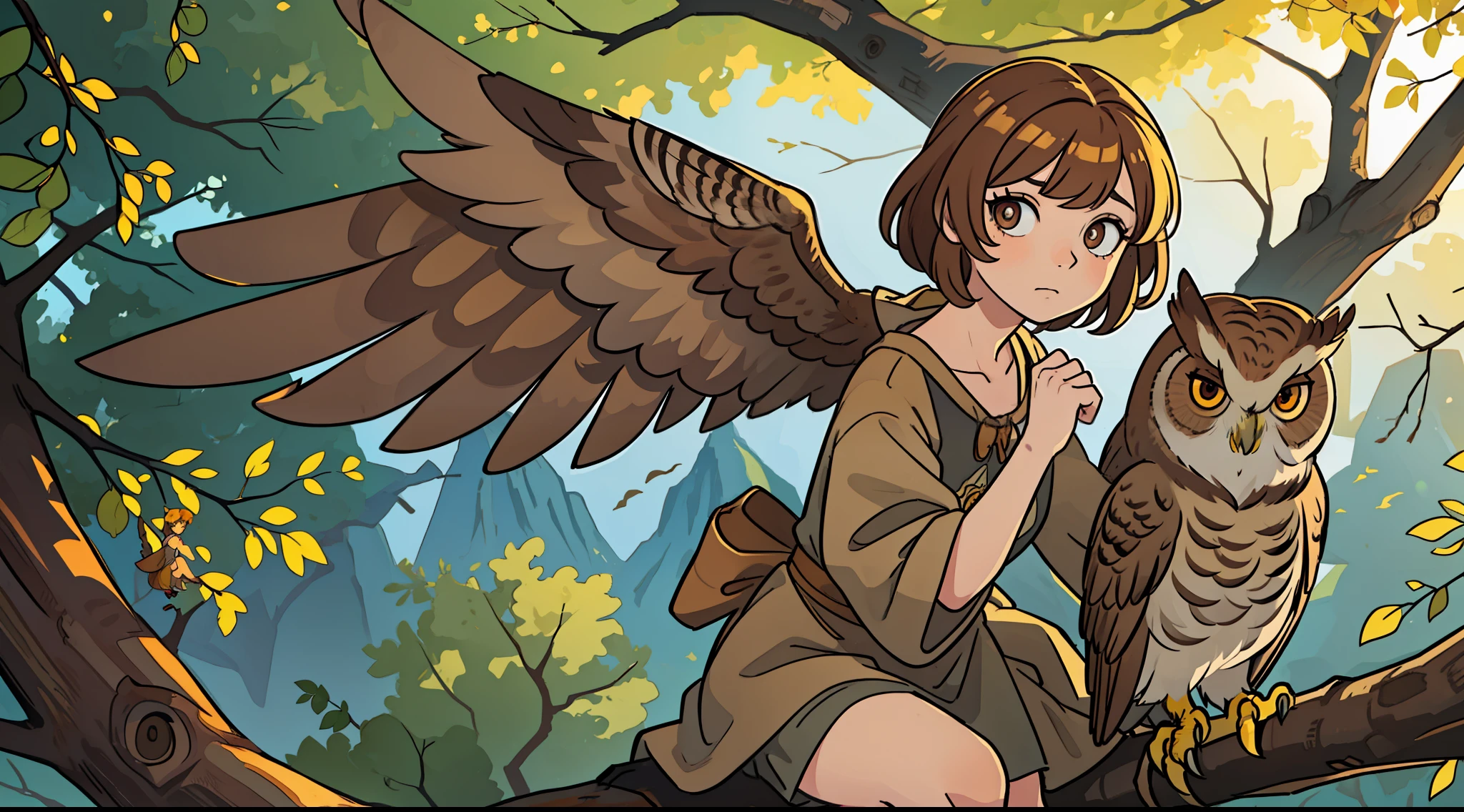 Female owl, in a medium brown dress, with amber colored eyes, and owl wings, sitting on a tree branch, with a tired look, (masterpiece) (award-winning work) (perfect anatomy) (perfect hands) (oscar) (noon)