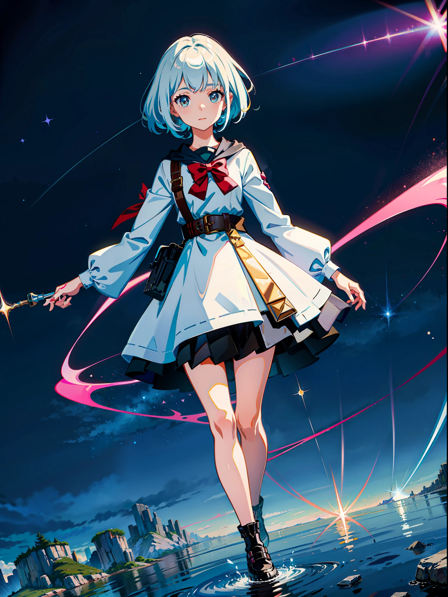It is an illustration depicting a young girl who has wandered into the world of games. She is dressed in casual summer clothes and ready for adventure.

Around her, a landscape spreads out like a 3D digital space with a rough dot. A fantastical world of strange structures and vivid color effects unfolds before her eyes.

Her expression is full of excitement and curiosity, giving a sense of willingness to adventure. In her hands are magic wands, weapons and adventure tools, symbolizing her determination and courage.

The digital space of the background is full of distinctive elements unique to the game world. Light particles and geometric shapes float in the air, creating an enigmatic world where her adventures await.

Fine details in the highest image quality, pay close attention to the girl's outfit, facial expressions, and digital depiction of the background. Please enjoy the illustrations depicting the figure of a young girl who has wandered into the game world.