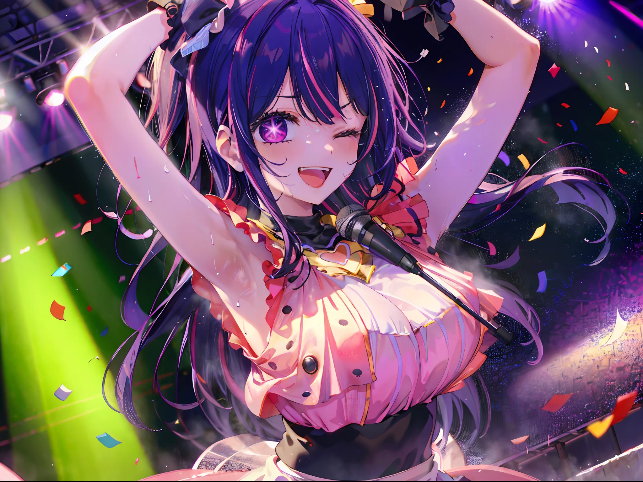 absurdres, highres,
BREAK
looking at viewer, (face focus:1.3), (from front:1.5)
BREAK
(vivid-color:1.3)
BREAK
(one girl:1.3), (loli:1.2), (Hoshino Ai:1.4), (purple hair, streaked hair:1.5), (purple eyes:1.5), (happy smile:1.7), (holding a mic:1.5), (singing, one arm up, one eye closed, lifting her feet:1.3), twisting waist, (shiny eyes:1.3), (upturned eyes, happy smile:1.2), star-shaped pupils, hairclip, earrings, jewelry, nm1, (gloves:1.2), (frills, pink shirt:1.2), arms up, dress pull, Roaring Twenties, sleeveless, shirt, idol, symbol-shaped pupils, (White fluid on the body:1.4), (thighs:1.3), (huge breasts, cleavage:1.3), (face focus:1.2), open mouth, (breast:1.3), round eyes, (blowing in the wind:0.5), (sweat around girl, dripping sweat:1.3), squall (wind:1.2), sense of speed, refreshing breeze, motion blur effect, wind
BREAK
background is (on the Idol stage:1.3), (Stand in the center of the screen:1.3), indoors, idol live, wind, (Colorful spotlights:1.7)
BREAK
magnificent view, (10,000 people spectators:1.3), light particles, (confetti:1.4), dynamic angle, dutch angle, perspective
BREAK
(night, spot light:1.5), depth of field, bokeh, light leaks, (chromatic aberration:1.2)
BREAK