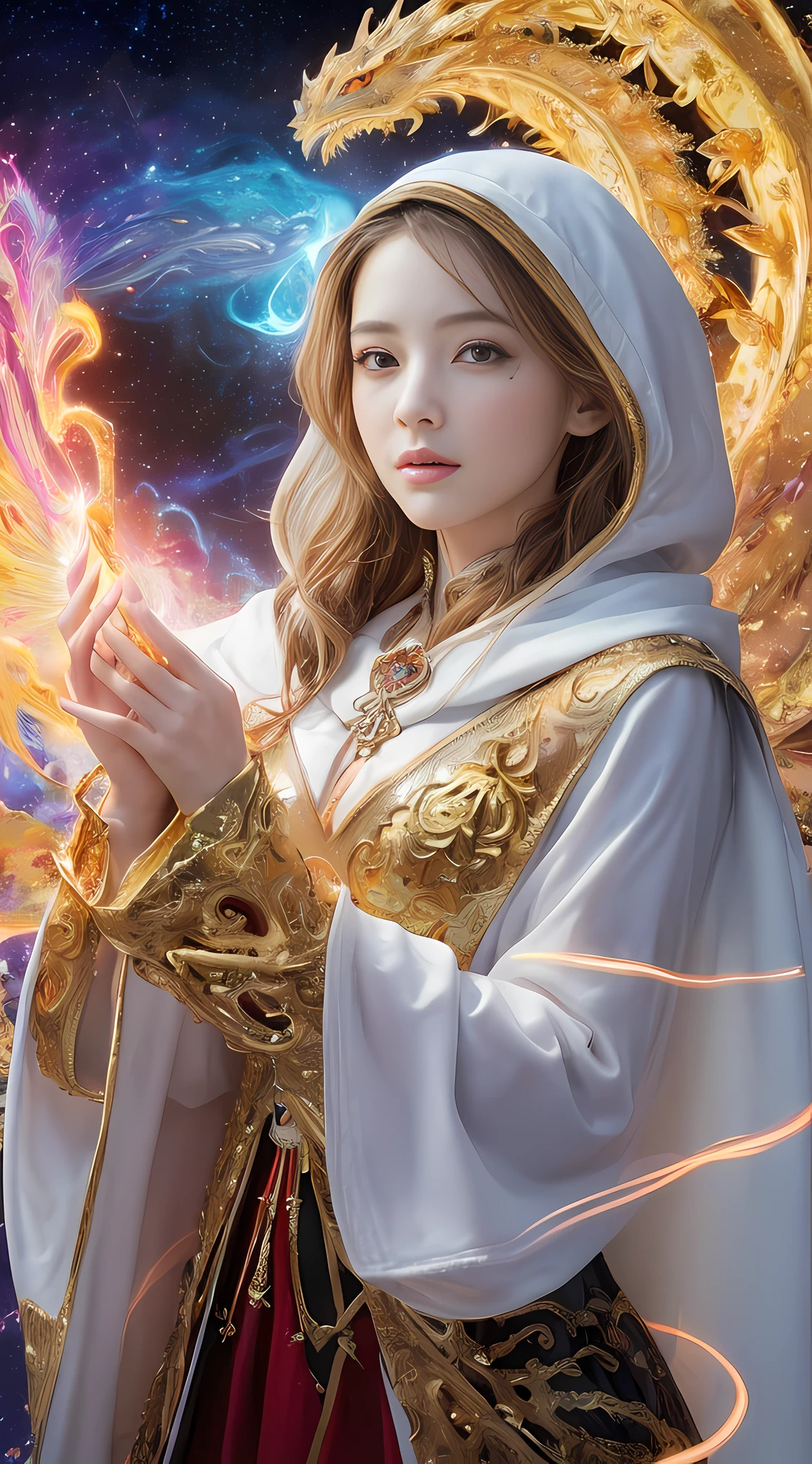 (masterpiece, top quality, best quality, official art, beautiful and aesthetic:1.2), (1girl), extreme detailed eyes, (fractal art:1.3), colorful, highest detailed, (perfect face), shiny skin, HDR, (white cloak golden lines:1.2), galaxy, (light streaks), striking visuals, (dynamic streaks, luminous trails:1.2), vibrant colors, (phoenix), (dragon)