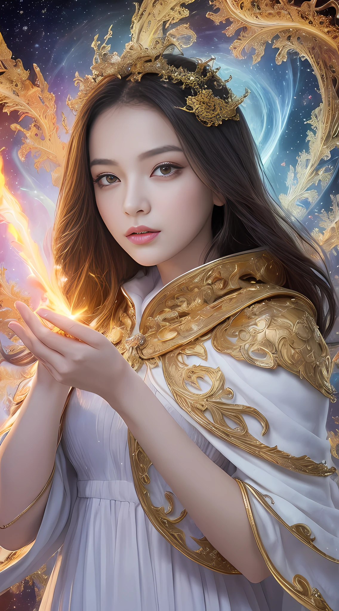 (masterpiece, top quality, best quality, official art, beautiful and aesthetic:1.2), (1girl), extreme detailed eyes, (fractal art:1.3), colorful, highest detailed, (perfect face), shiny skin, HDR, (white cloak golden lines:1.2), galaxy, (light streaks), striking visuals, (dynamic streaks, luminous trails:1.2), vibrant colors, (phoenix), (dragon)