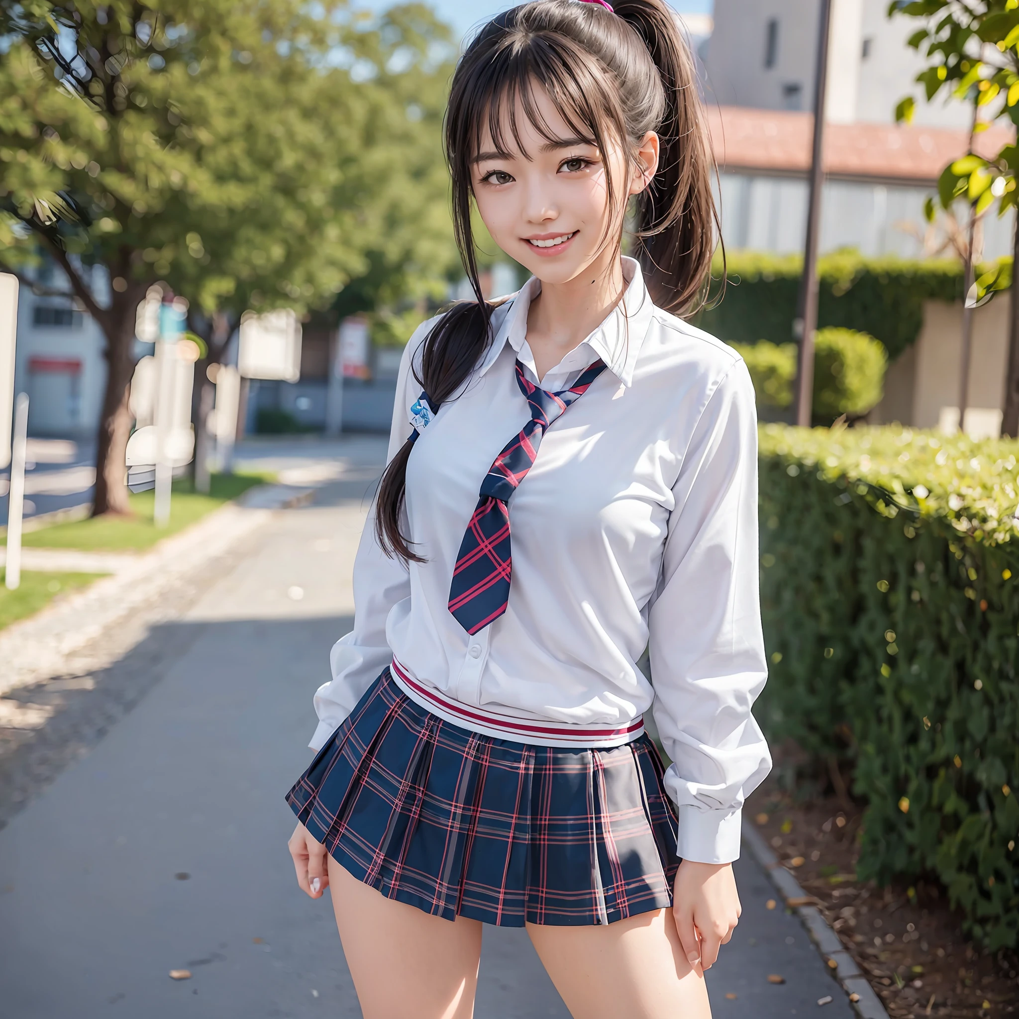 ponytail, full smile, schoolgirl, my girlfriend, school uniform, full body, (8k, RAW photo, top quality, masterpiece: 1.2), (realistic, photorealistic: 1.37), (very detailed: 1.2), detailed skin texture, (clear and clear photo images: 1.2)