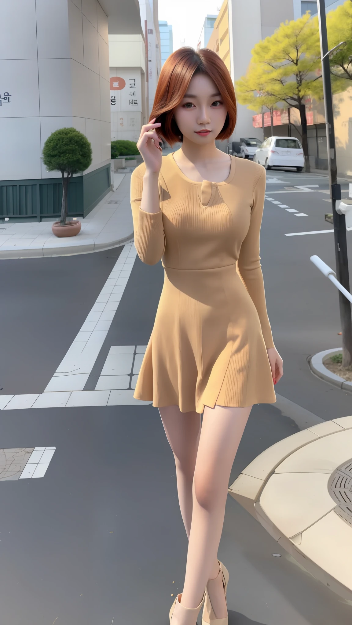 a woman in a beige dress standing on a street, gorgeous young korean woman, beautiful south korean woman, korean girl, beautiful young korean woman, korean woman, beautiful asian girl, photo of slim girl, wearing tight simple clothes, photo of slim girl model, attractive girl, gorgeous chinese model, korean women's fashion model, chinese girl, lovely woman, asian girl