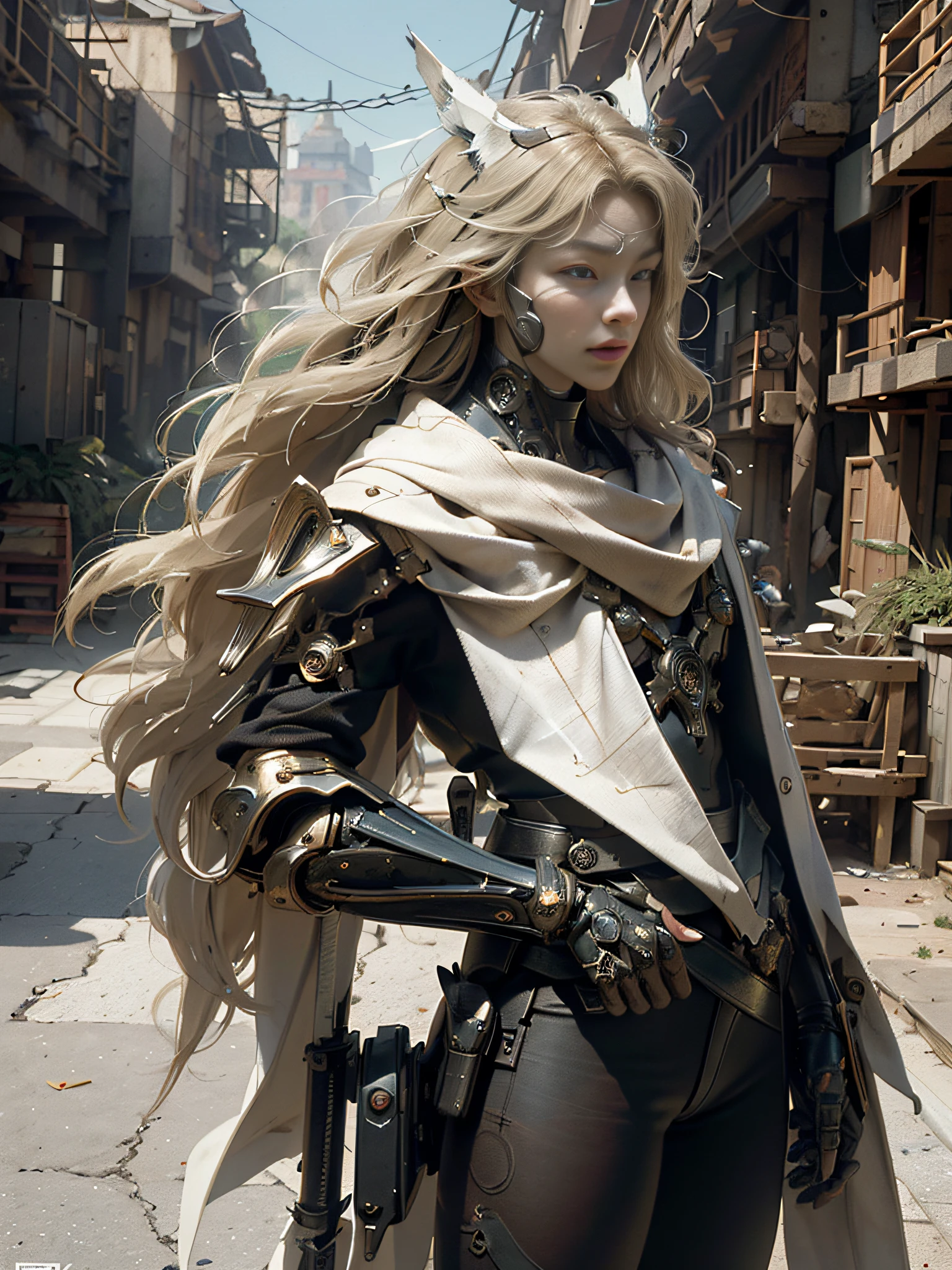 Masterpiece, Best Quality, Film, Official Art, Propaganda Art, Movie Wallpaper, Very Detailed CG Unified 4k Wallpaper, Intricate Details, White Background, Upper Body, Facial Focus, Concept Art, Production Art, ( , Highres, (realistic, photo-realistic:1.2), physically-based rendering, machinery, reflection, realistic, cyberpunk, symmetric front view close up head shot eyes symmetry face very sharp focus realistic award winning matte drawing movie light 1 boy, mecha, (Illustration: 1.1), slim, fair skin, delicate face, king robe, shine, tights, (long blonde hair), green eyes, battlefield, chip, shine, sword