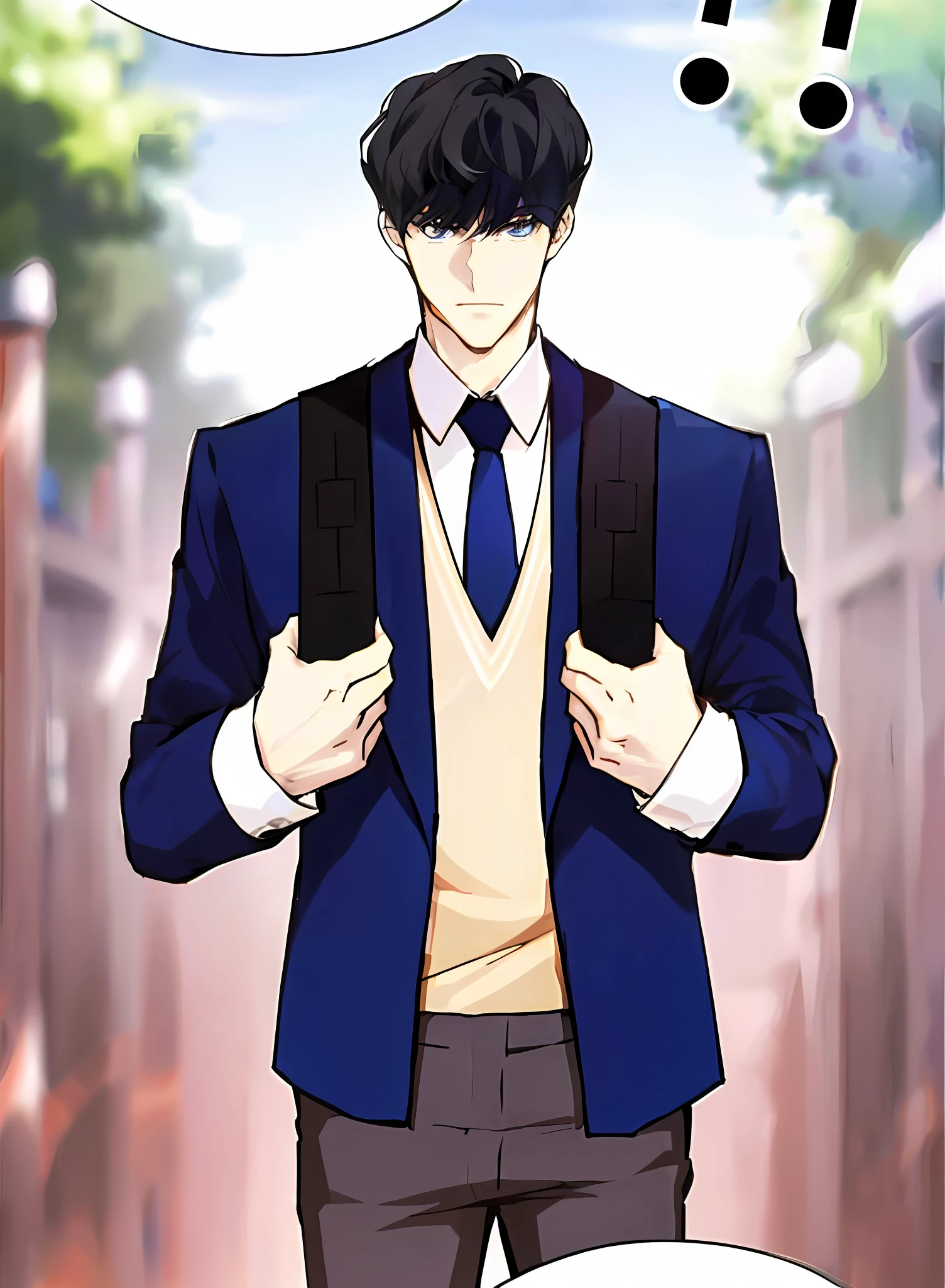 arafed man in a blue suit and tie standing in front of a sign, tall anime guy with blue eyes, anime handsome man, official art, handsome anime pose, official character art, main character, inspired by Hisui Sugiura, single character full body, young anime man, male anime character, handsome guy in demon slayer art, well - dressed