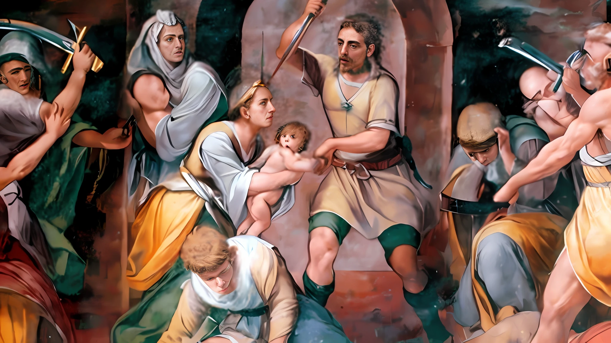 several soldiers of ancient jerusalem killing children, brutal depiction, historical artistic representation, historical painting, fresco, by Niccolò dell' Abbate, epic biblical depiction, by Giorgio De Vincenzi, fresco painting, historical painting, biblical painting, by Jacopo de' Barbari, by Romano Vio, medieval painting