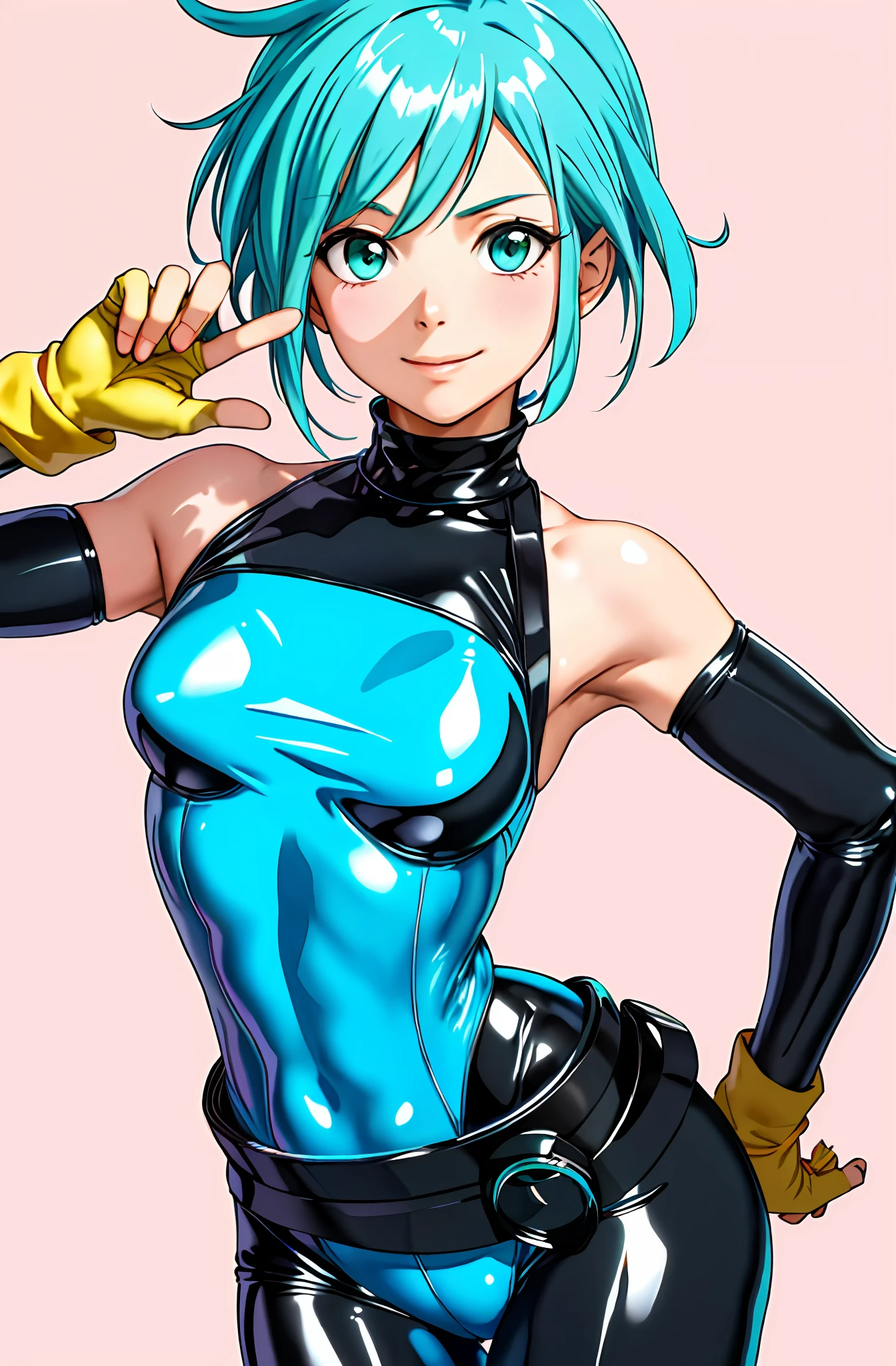 (Masterpiece), (Best Quality), (Perfect Face),1 Girl, Allenby, (Aqua Hair 1.2), Black and Pink Rubber Bodysuit, Cowboy Shot,