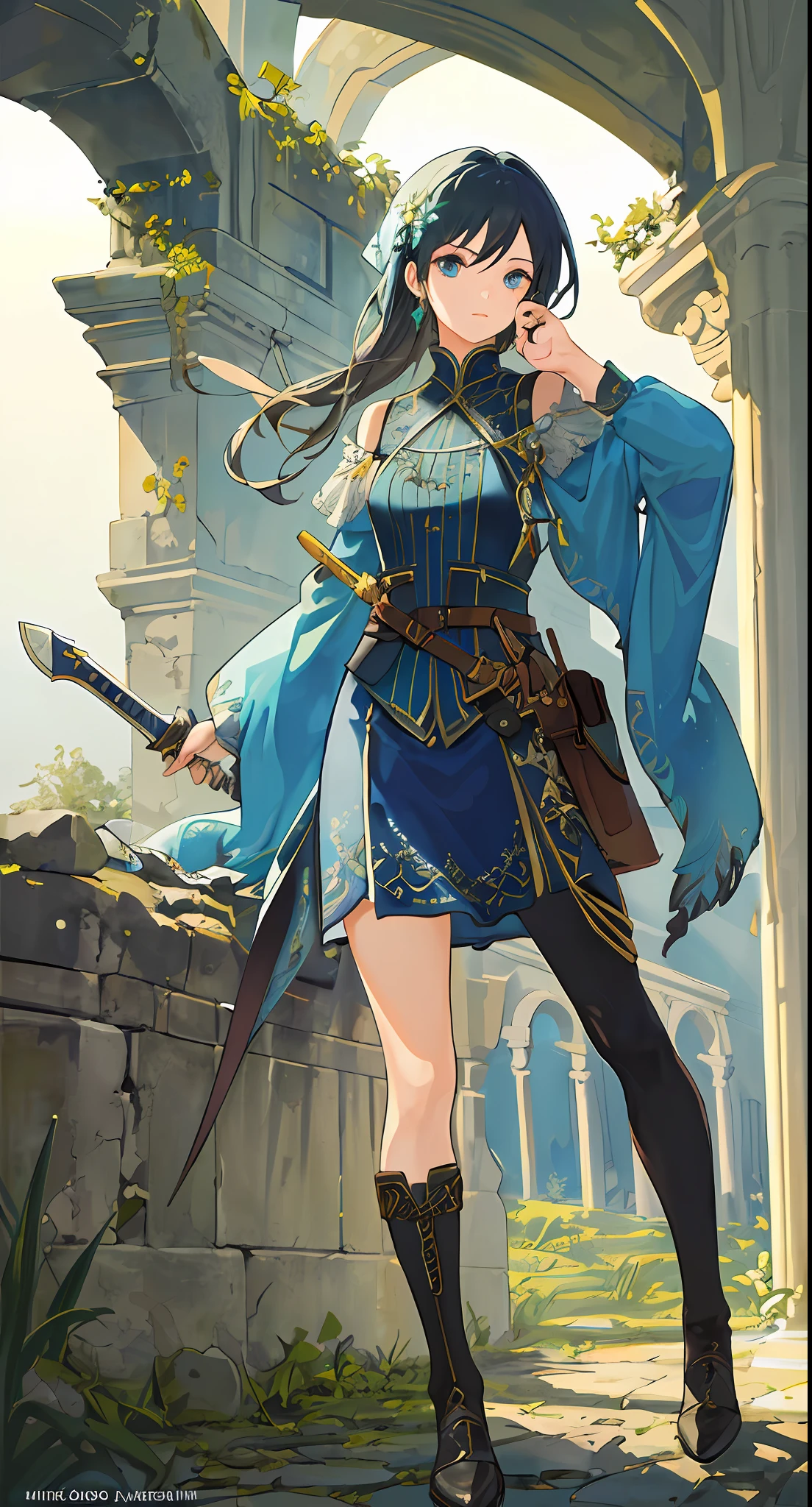 ((masterpiece,best quality)),(1girl, solo:1.4),beautiful detailed eyes, vivid,stone, ruins, (broken sword on the ground), broken weapon, runny makeup,