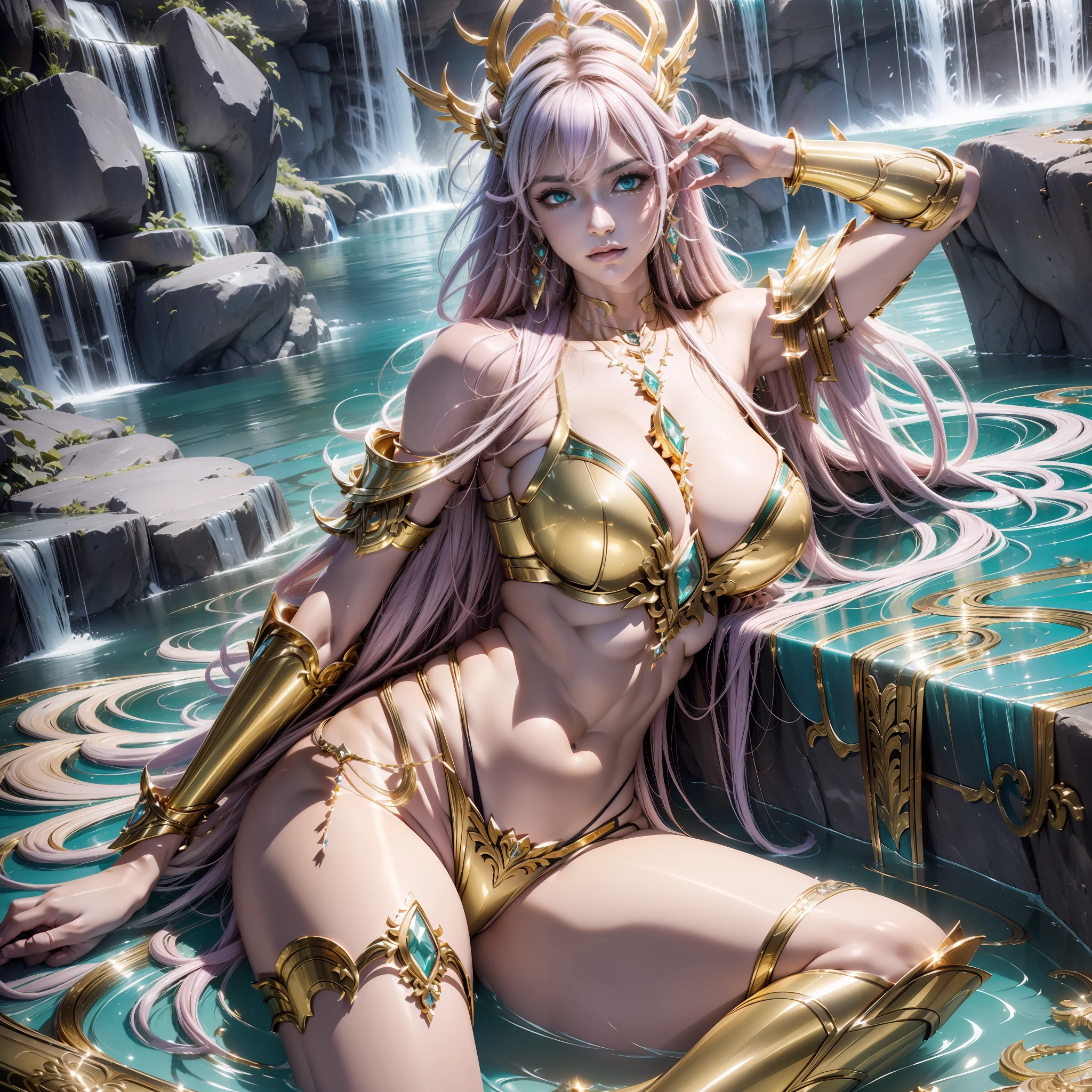 A perfectly realistic cyberpunk style Capricorn Saint Seiya, (Saint Seiya) (Gold Armor: 2), Metallic (Mecha Texture) (Gold Texture: 1.5) (Leg: 2) on stomach, leg lift, reclining (open air) (hips) Panties for the audience (off-the-shoulder) (with countless super big gems) (super large gem pendant: 2), crazy details (with water flowing through the body: 1.5) Full body, stockings, (kick: 2), aristocratic detail, full grass, full length, full frame, epic pose, (gorgeous jewelry) yellow hair (necklace earrings) pendant, (set + large gemstones), large diamonds, gold, ruby), waterfall, bath side, unrealistic engine style, detail, surreal, boca effect, shot in David LaChapelle's style, bioluminescent palette: lilac, pale pink, bright white, wide angle, ultra-fine, cinematic still life, vibrant, WLOP and Sakimichan, Artgerm style, underboob, perfect eye, highest image quality 16K, inspired by Harry Winston, shot on the Canon EOS R 6, masterpiece --s2