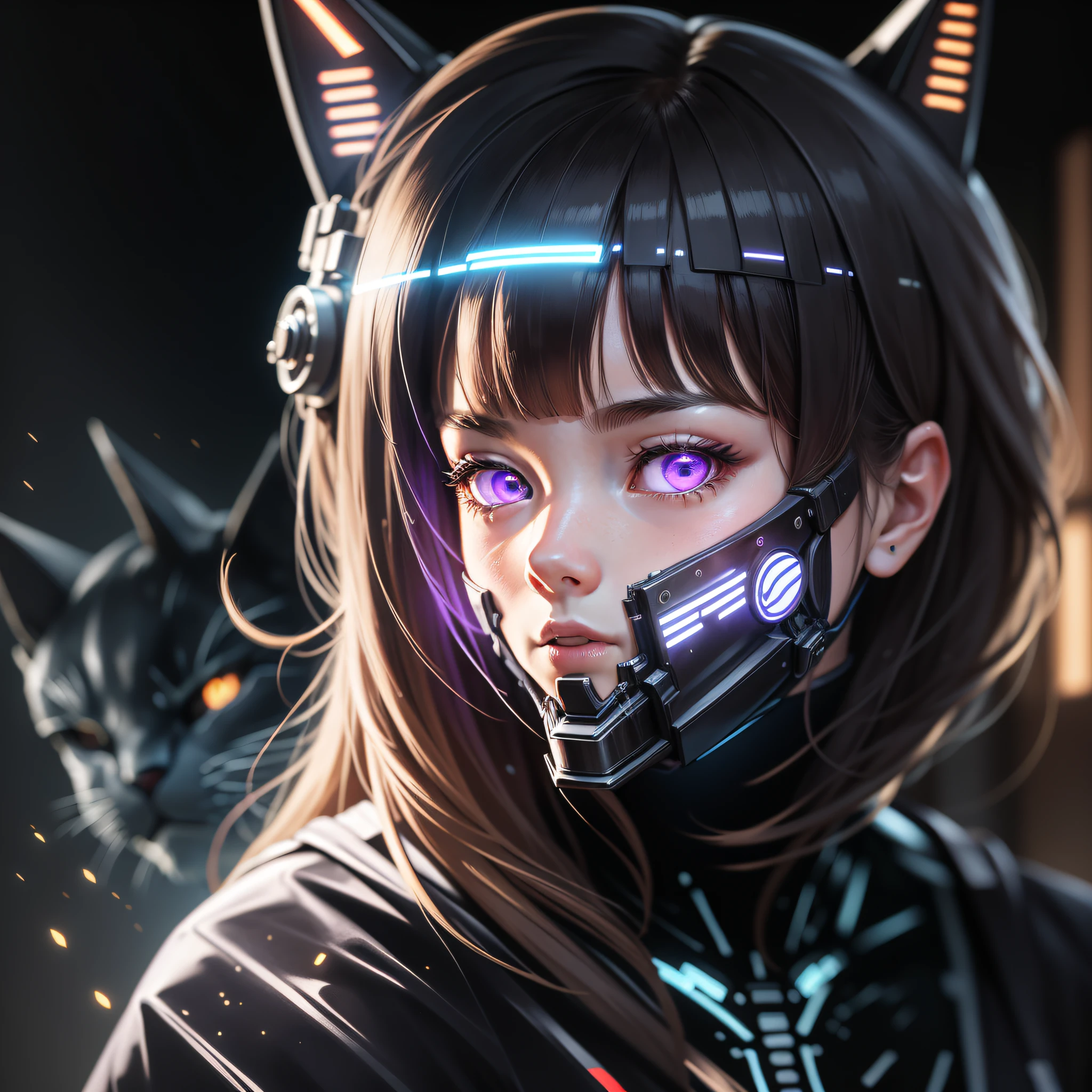 "Best quality, masterpiece, detailed illustration, dynamic close-up of a girl wearing a cybernetic LED mask that covers her face, with the LEDs forming a cat. Only the mask is visible, the rest of the scene is in the open."