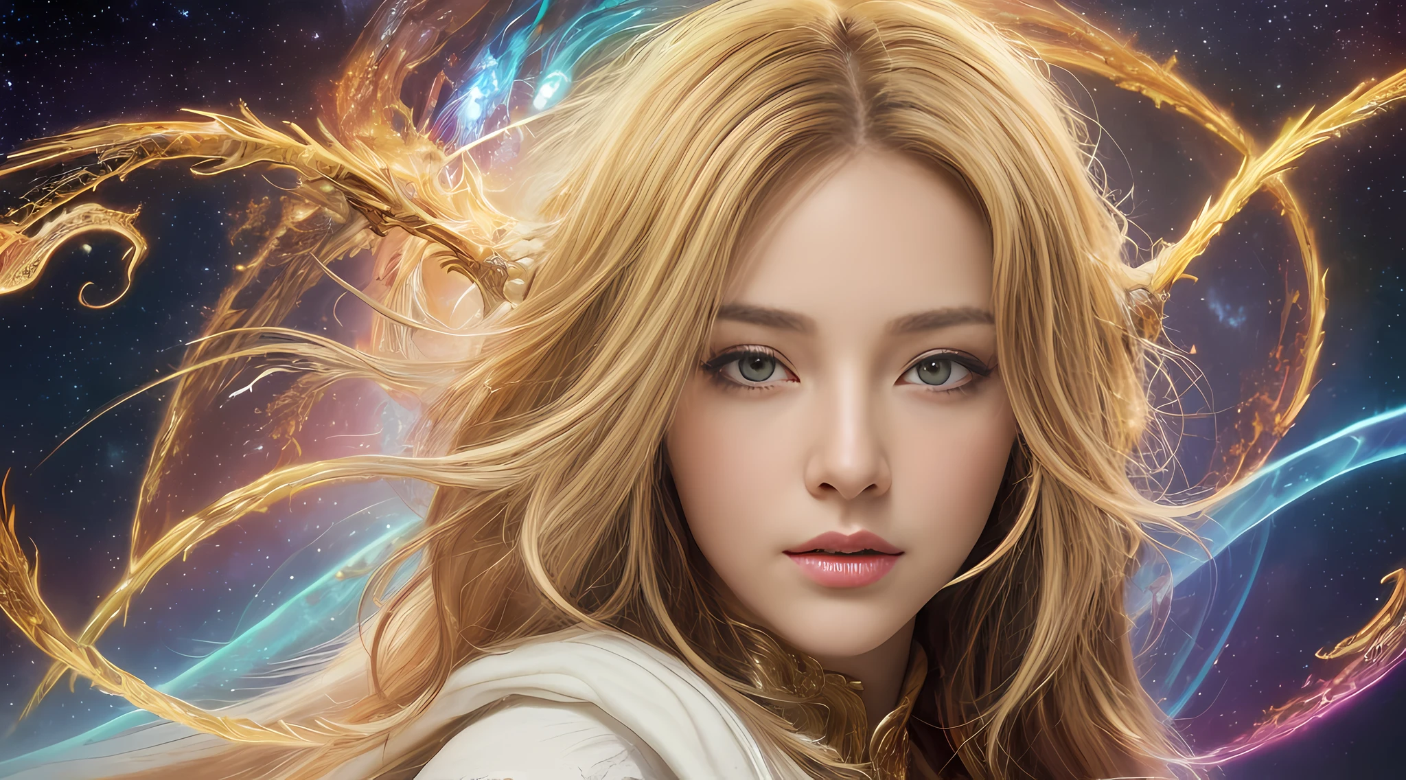 (masterpiece, top quality, best quality, official art, beautiful and aesthetic:1.2), (1girl), extreme detailed eyes, (fractal art:1.3), colorful, highest detailed, (perfect face), shiny skin, HDR, (white cloak golden lines:1.2), galaxy, (light streaks), striking visuals, (dynamic streaks, luminous trails:1.2), vibrant colors, (phoenix), (dragon)