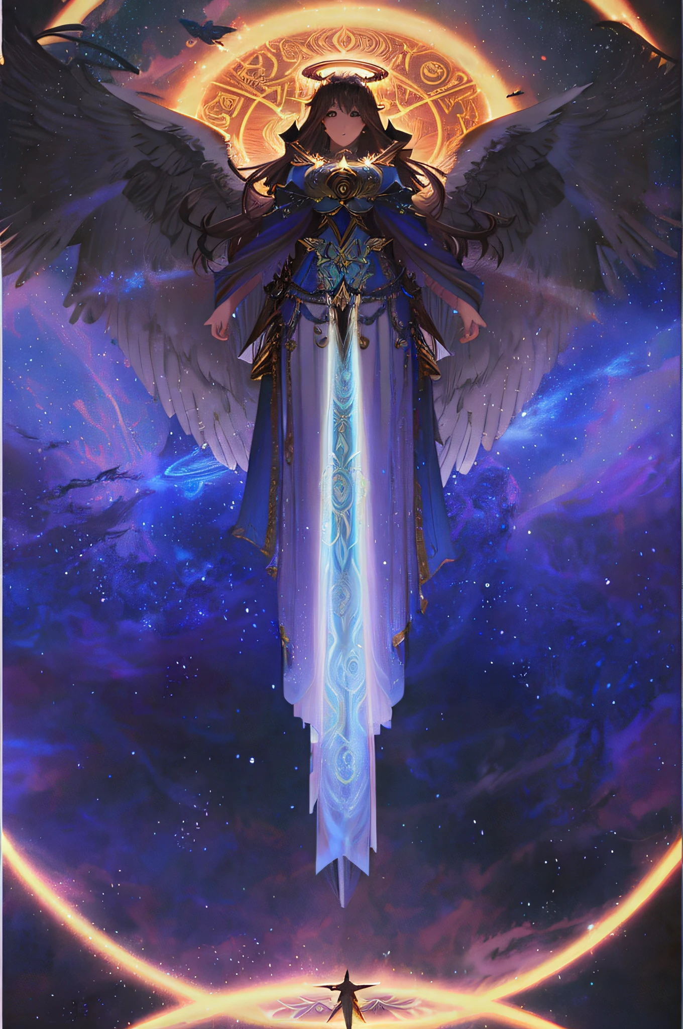 anime - style image of a woman with wings and a halo, full art, super wide angel, high angel distant shot, by Kieran Yanner, full art illustration, archangel, seraphim, by Yang J, peter mohrbacher artstyle, peter mohrbacher donato giancola, peter mohrbacher highly detailed, by Julian Fałat