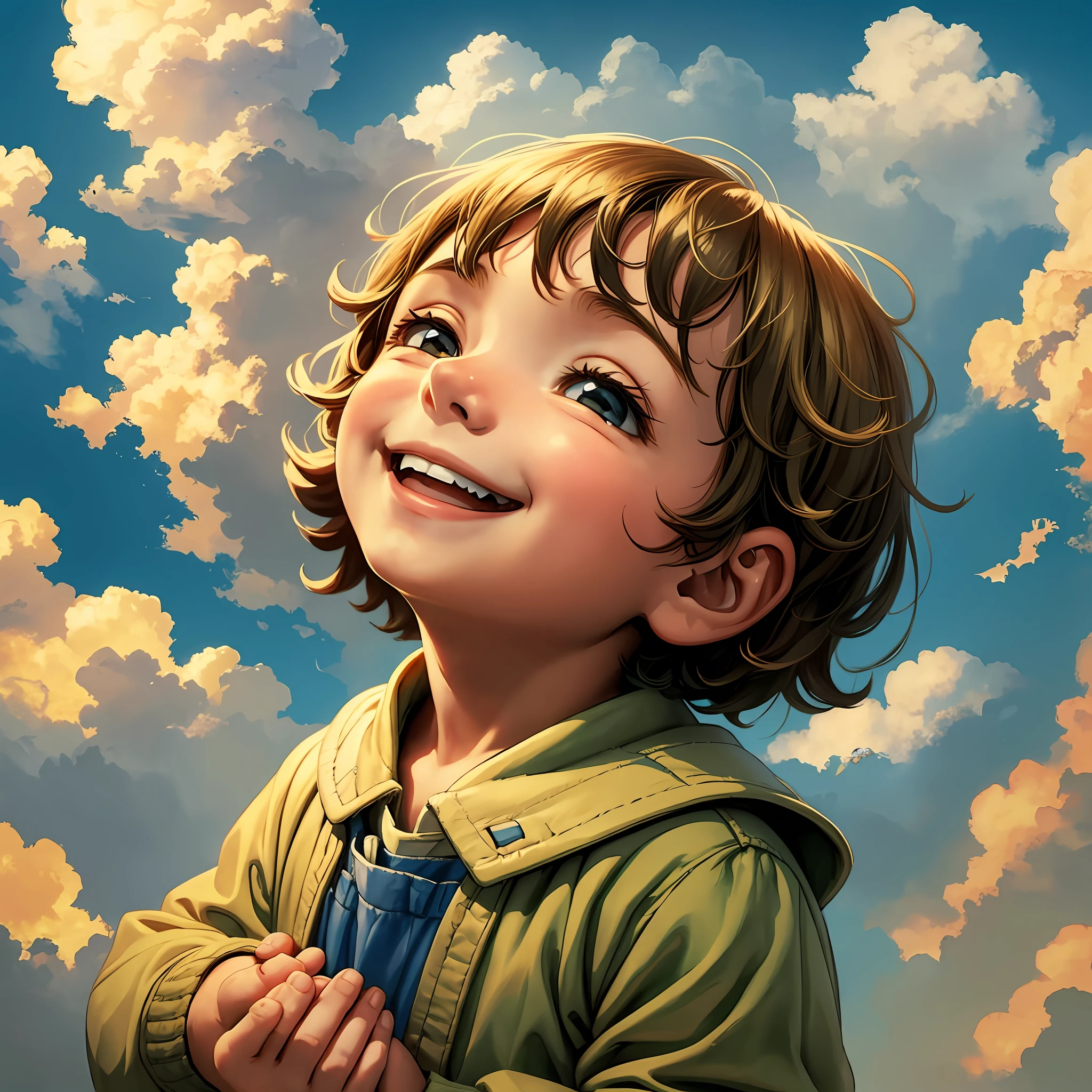 A smiling  boy looking up at the sky, his cupped hands over his eyes, as if imagining flying. --auto --s2