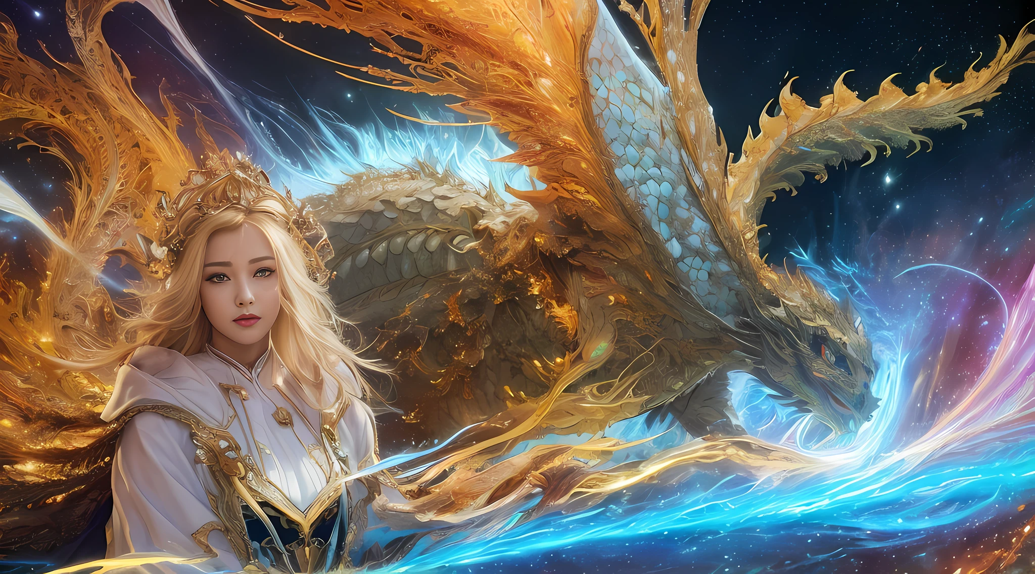 (masterpiece, top quality, best quality, official art, beautiful and aesthetic:1.2), (1girl), extreme detailed eyes, (fractal art:1.3), colorful, highest detailed, (perfect face), shiny skin, HDR, (white cloak golden lines:1.2), galaxy, (light streaks), striking visuals, (dynamic streaks, luminous trails:1.2), vibrant colors, (phoenix), (dragon)