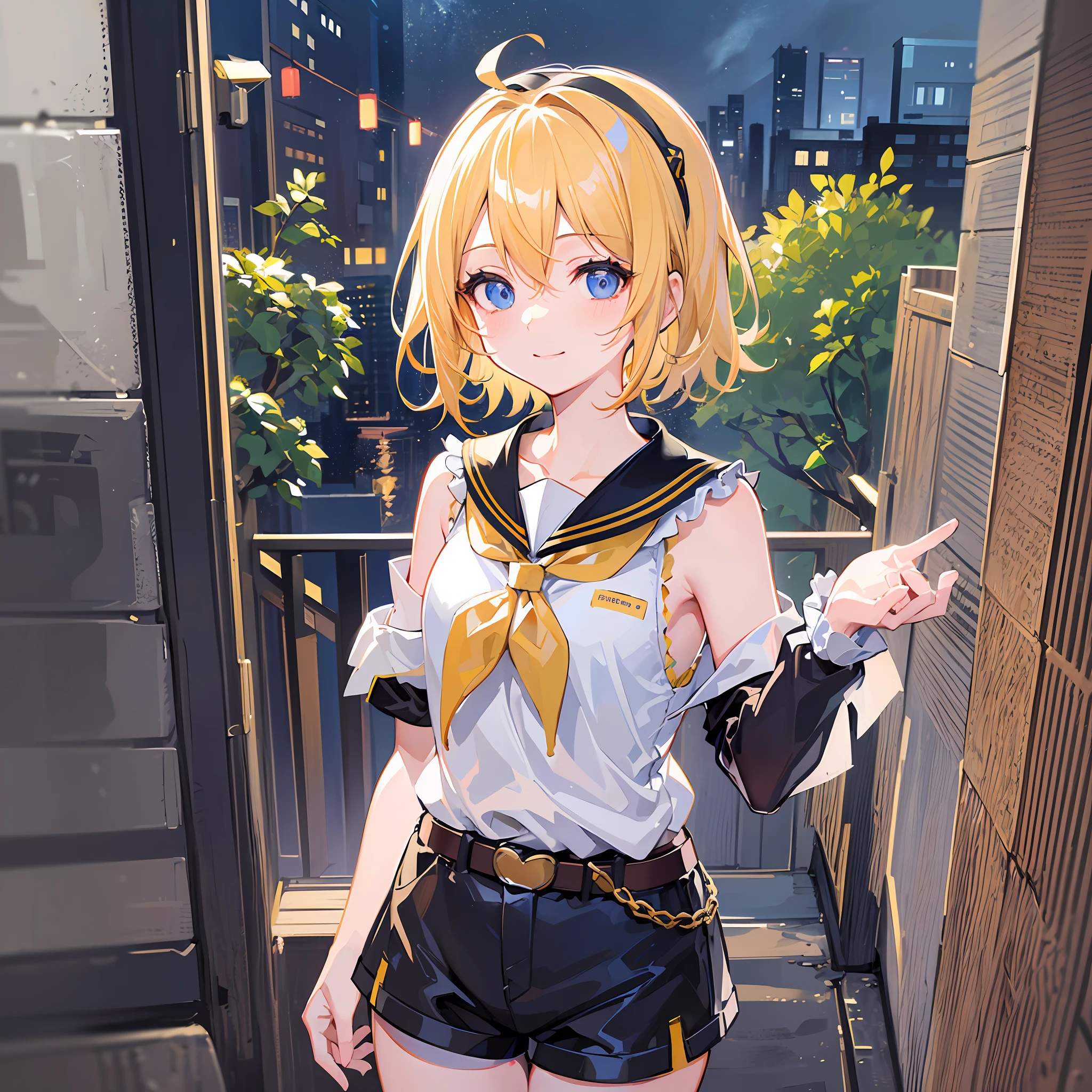 Masterpiece, Top Quality, Illustration, Super Detail, High Resolution, Absurdity, One Girl, (Kagamine_Rin: 1.5), Vocaloid, Very Cute, [Blonde], [Short Hair], Hair Clip, (Beautiful Blue Eyes), Lively Eyes, (Bright Eyes: 1.2), Beautiful Girl, Smiling, [Sailor Suit in White Tone], (Black Shorts: 1.5), Belt, shoulders are cut off, (yellow neckerchief), [White hair clip], [Headphones], Love in background, Heart, Love Love, Light, Delicate hands, Innocence, (Young: 1.3), ****** girl, Lori, girlfriend, bedroom, Night, Delicate eyes, Bare legs, [Blue Archive Style], [Beautiful Girl Anime Style]