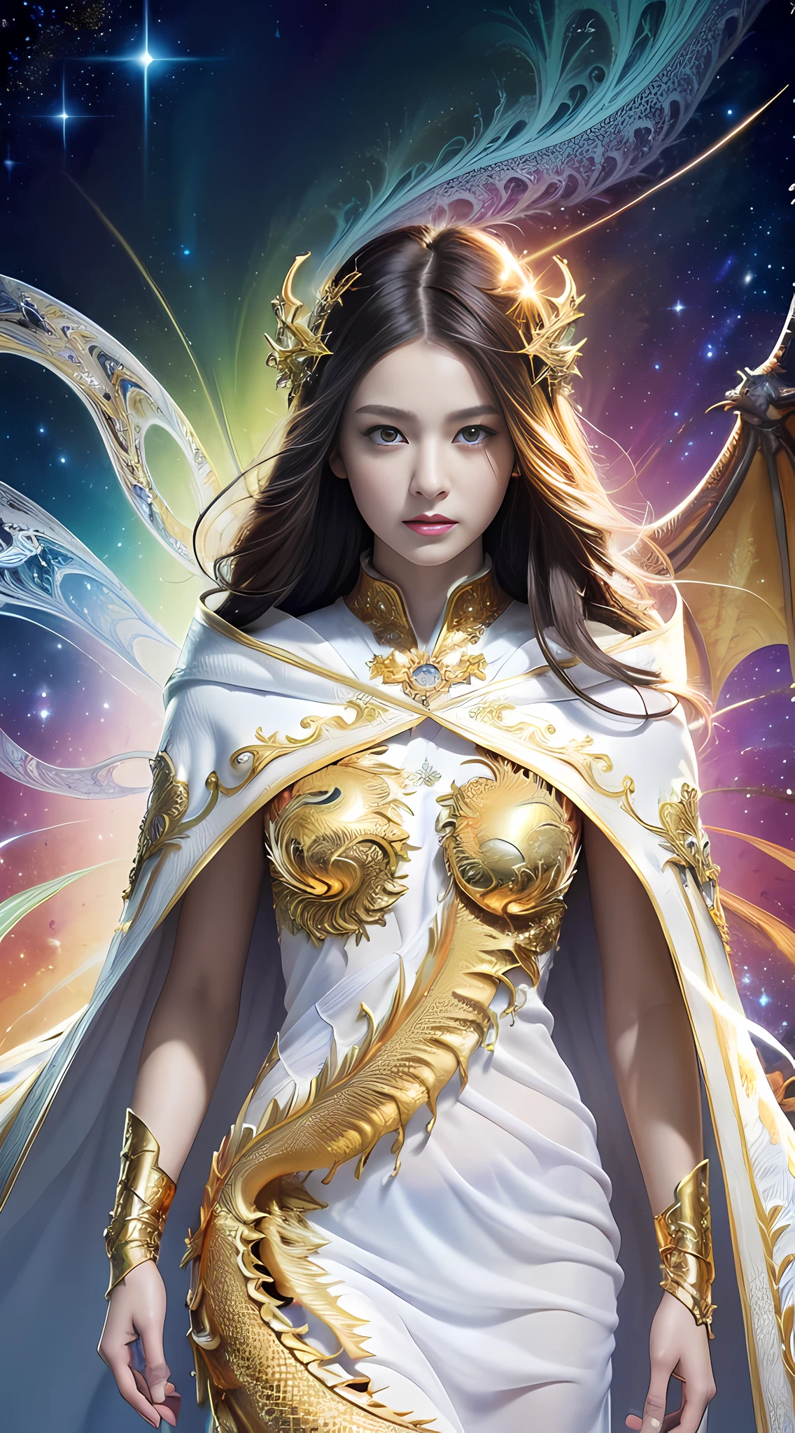 (masterpiece, top quality, best quality, official art, beautiful and aesthetic:1.2), (1girl), extreme detailed eyes, (fractal art:1.3), colorful, highest detailed, (perfect face), shiny skin, HDR, (white cloak golden lines:1.2), galaxy, (light streaks), striking visuals, (dynamic streaks, luminous trails:1.2), vibrant colors, (phoenix), (dragon)
