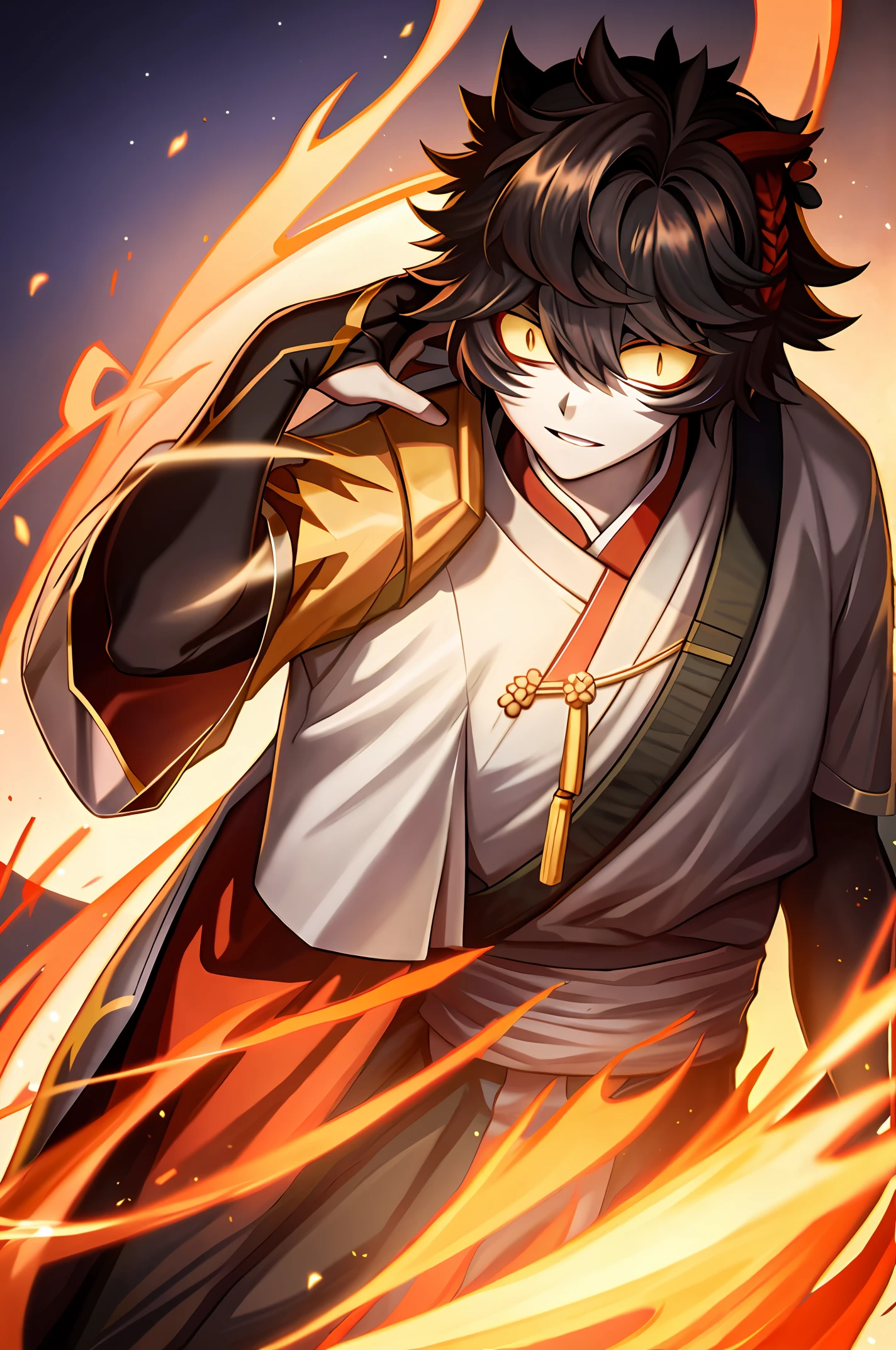 Anime character based on Hades of Shuumatsu no Valkirye, tall full-bodied character, mark of a laurel wreath on forehead, anime androgen, with spear, coat over shoulders dark aura to his surroundings