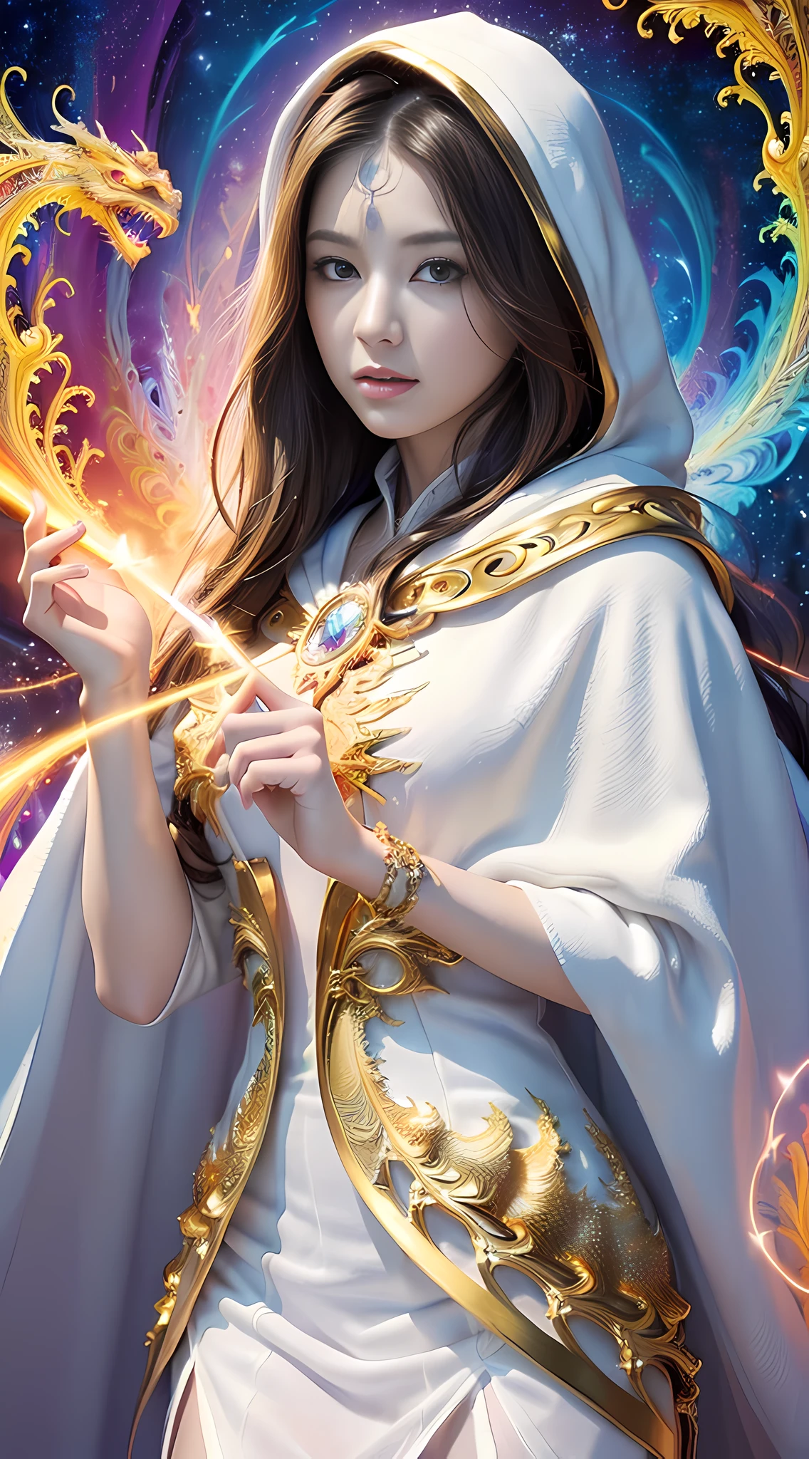 (masterpiece, top quality, best quality, official art, beautiful and aesthetic:1.2), (1girl), extreme detailed eyes, (fractal art:1.3), colorful, highest detailed, (perfect face), shiny skin, HDR, (white cloak golden lines:1.2), galaxy, (light streaks), striking visuals, (dynamic streaks, luminous trails:1.2), vibrant colors, (phoenix), (dragon)