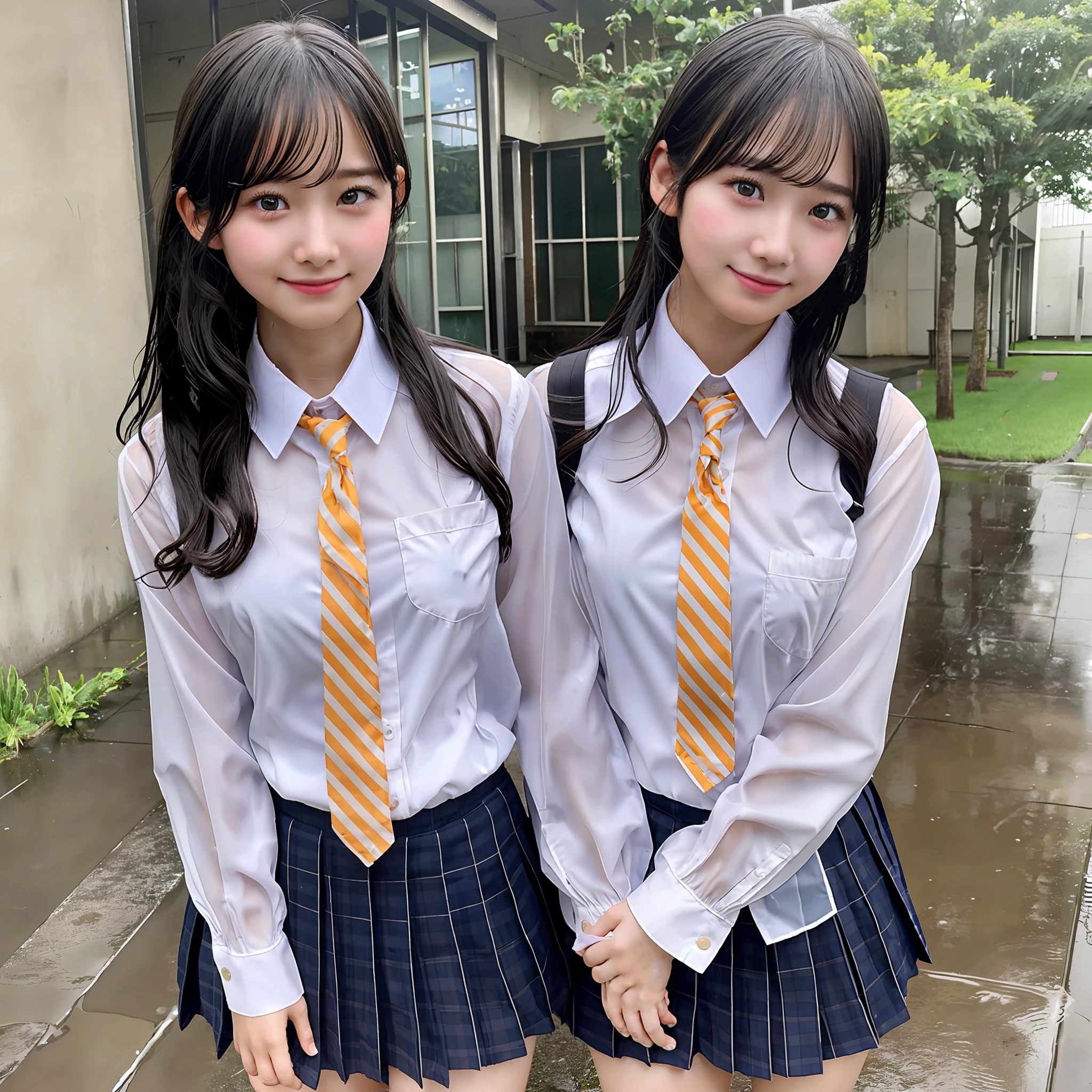 Beautiful rain background, full body wet, black hair, smile, favorite partner, (8k, RAW photo, top quality, masterpiece: 1.2), (realistic, photorealistic: 1.37), (very detailed: 1.2), detailed skin texture, (clear and clear photo image: 1.2), mature, girl, chest sticking out pose, normal breast, school uniform, classroom, red cheeks, embarrassed, wet and see-through, Underwear is sheer