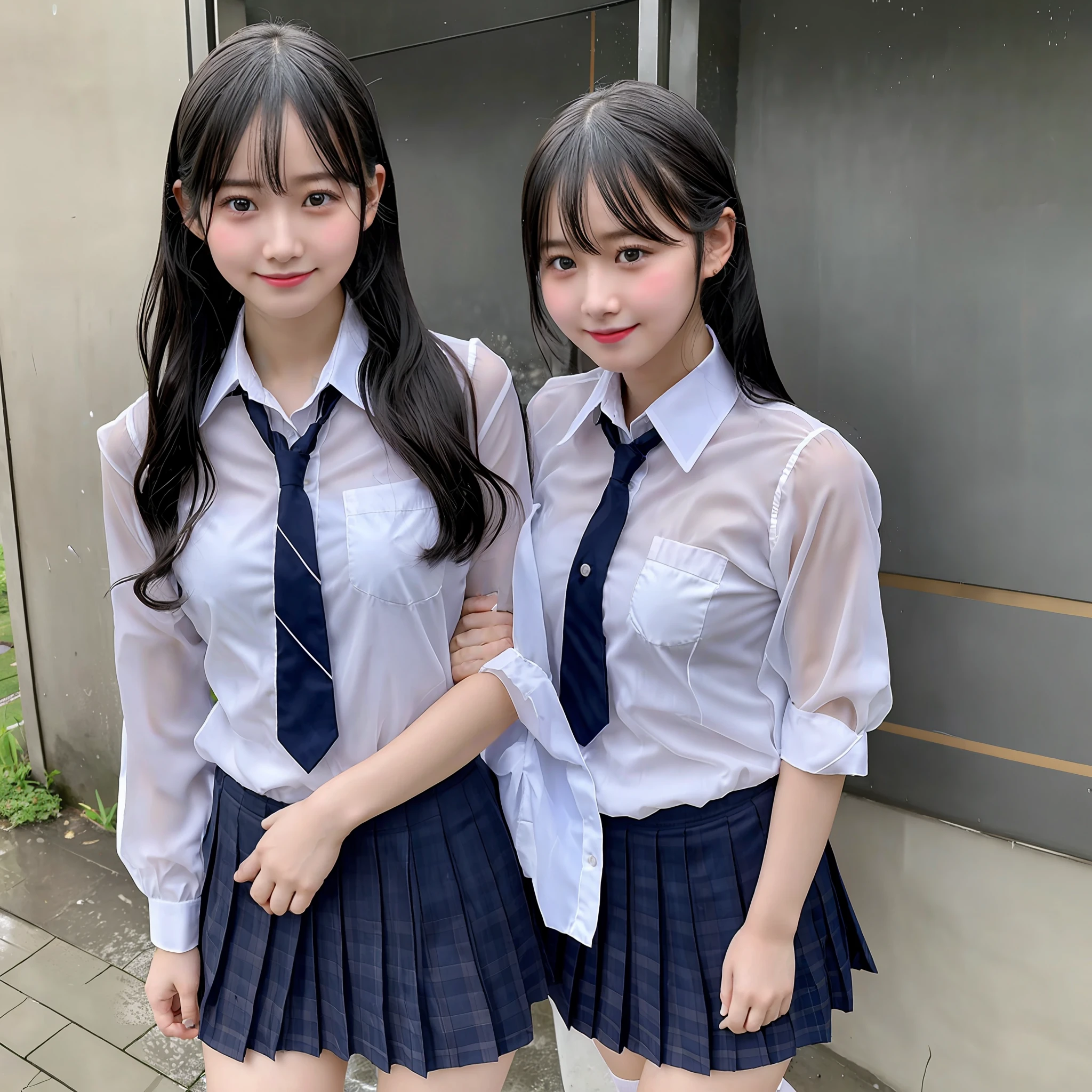 Beautiful rain background, full body wet, black hair, smile, favorite partner, (8k, RAW photo, top quality, masterpiece: 1.2), (realistic, photorealistic: 1.37), (very detailed: 1.2), detailed skin texture, (clear and clear photo image: 1.2), mature, girl, chest sticking out pose, normal breast, school uniform, classroom, red cheeks, embarrassed, wet and see-through, Underwear is sheer
