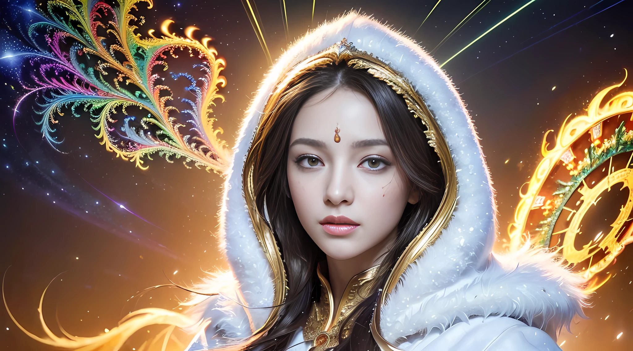 (masterpiece, top quality, best quality, official art, beautiful and aesthetic:1.2), (1girl), extreme detailed eyes, (fractal art:1.3), colorful, highest detailed, (perfect face), shiny skin, HDR, (white cloak golden lines:1.2), galaxy, (light streaks), striking visuals, (dynamic streaks, luminous trails:1.2), vibrant colors, (phoenix), (dragon)
