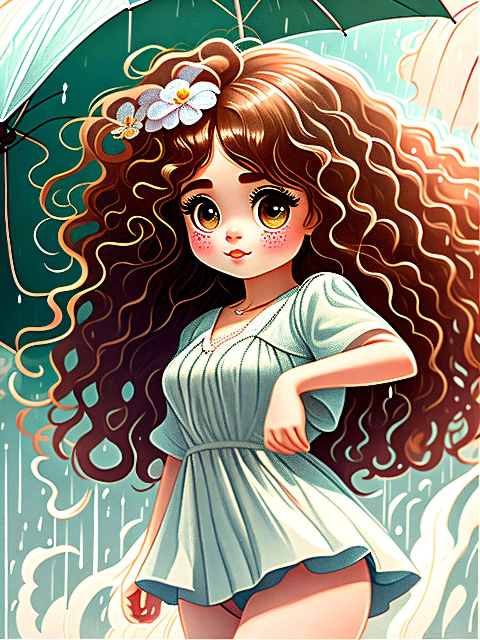 18-year-old girl cartoon drawing, big eyes, long curly hair, beautiful facial features, Tang costume, bare legs, white skin, crisp chest half exposed, holding a flower umbrella, rainy days, highest quality