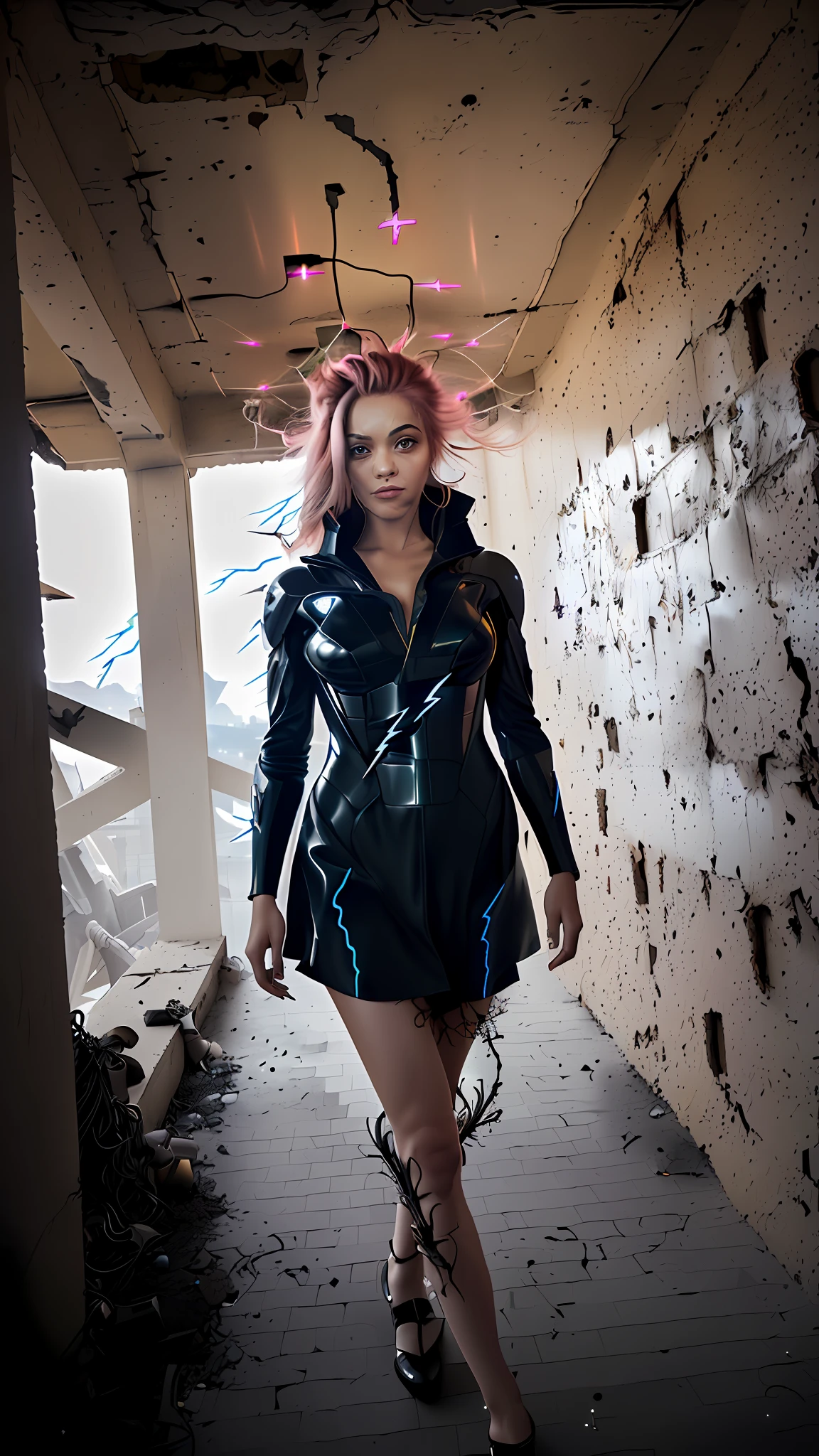 BREAK, 1girl, solo, looking at the viewer, flat fringe, (cute 18-year-old handsome young man: 1.1), 3d face, beautiful girl, cute face, cute, girlface, kpop idol, supermodel, stunning innocent symmetry face, (hand of Guido Daniele), perfect body, medium chest, thin waist, thin legs, (high detailed skin: 1.2), bright eyes, goddess, natural skin texture, shiny skin, white skin, beautiful detailed face, detailed face, real skin texture, beautiful delicate face, finely detailed face, golden proportion, golden aspect ratio, expressive eyes, perfect face, perfect skin, flawless face, light face, shiny hair, pale skin, proper body proportion, perfect anatomy, realistic skin texture, lush lips, glossy lips, natural makeup, beautiful shiny pupils, slender figure, intricate eyes, detailed pupils, detailed face and eyes, long eyelashes, blush, good hand, perfect hands, beautiful face, beautiful female bodies, finely detailed skin, shiny oily skin, BREAK, ((((((musume mecha, mechanical parts, robot super joints, robot joints, single mechanical arm, mechanical arms, headgear, mechanical halo, star halo, intricate mechanical bodysuit, mecha corset, bodysuit, full armor, (ember, battlefield, volumetric mist, gray mist, smoke, explosion, apocalyptic, destroyed city background, burning buildings:1.3), (floating colored glows:1.2), (energy beams:1.3), (highly detailed worn metal texture:1.3), (rust, dirt, dust, scratches, abrasions on metal texture:1.2), science fiction, (pink hair, pink theme, pink paint, pink eyes:1.3), very long hair, (A human emitting an aura from his body:1.4), (Pink energy light emanates from the body: 1.4), (whole body: 1.3), (flying: 1.3), (lightning discharge effects:1.2), (electrocution:1.3), (luminescent particles:1.4), holding weapon, battle, (sparks elé