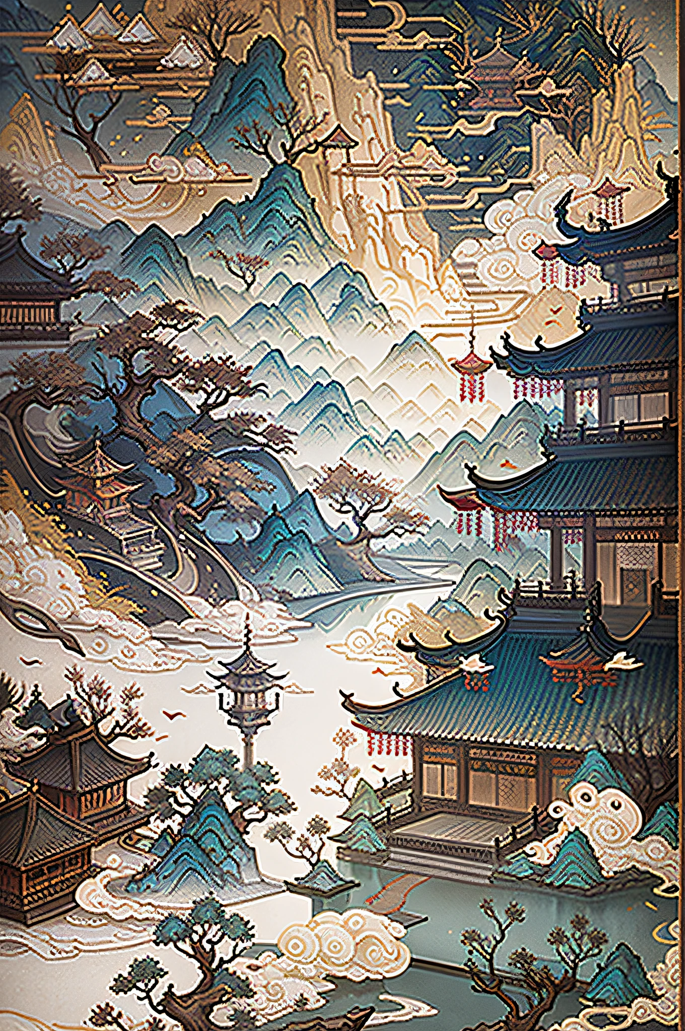 ancient chinese painting, ancient chinese background, mountains, river, auspicious clouds, pavilions, sunlight, masterpiece, super detail, epic composition, ultra hd, high quality, extremely detailed, official art, unified 8k wallpaper, super detail, 32k