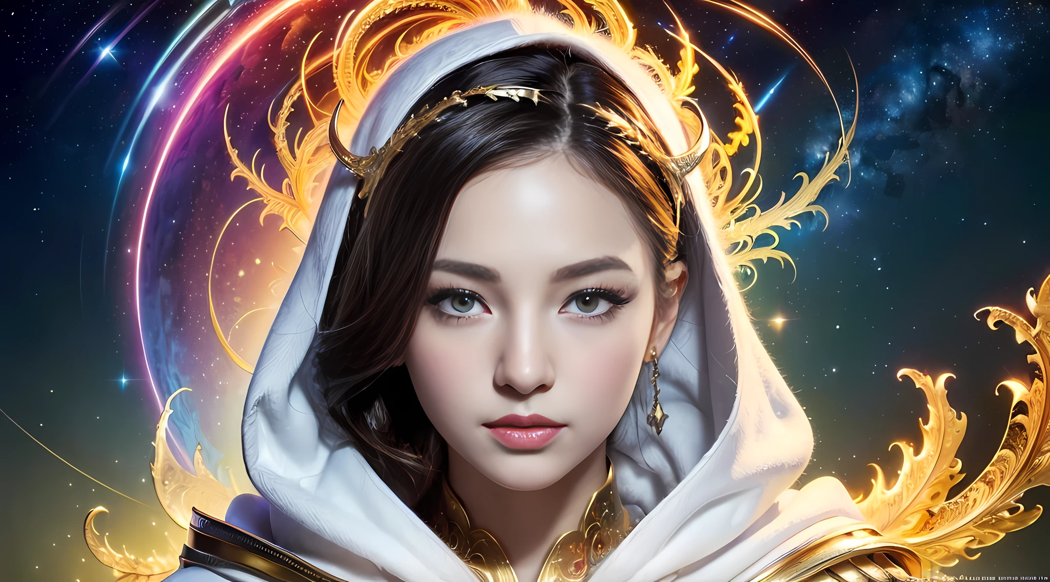 (masterpiece, top quality, best quality, official art, beautiful and aesthetic:1.2), (1girl), extreme detailed eyes, (fractal art:1.3), colorful, highest detailed, (perfect face), shiny skin, HDR, (white cloak golden lines:1.2), galaxy, (light streaks), striking visuals, (dynamic streaks, luminous trails:1.2), vibrant colors, (phoenix), (dragon)