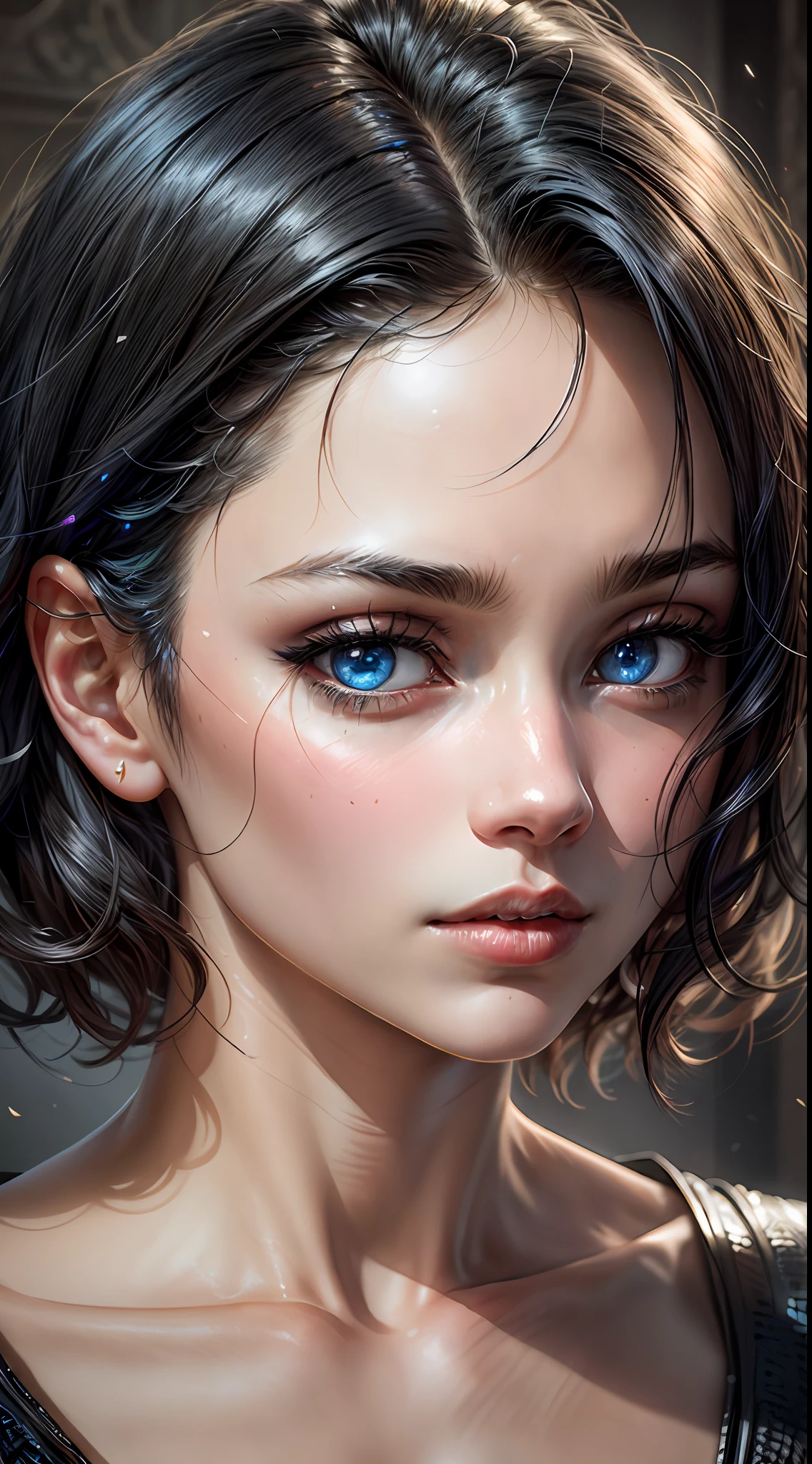 A mesmerizing masterpiece capturing a photorealistic portrayal of a woman with black hair cascading around her face. Her piercing blue eyes, subtly blurred yet captivating, draw the viewer's gaze with an intensity reminiscent of "The Matrix." She gazes directly at the viewer, exuding confidence and intrigue. The lighting is expertly crafted, casting beautiful shadows and highlighting her features with professional precision. The background is softly blurred, emphasizing her presence while maintaining a sense of depth. The portrait exudes a sense of realism, with meticulous attention to detail, including the texture of her short hair and the subtle nuances of her parted lips. The image showcases a film grain effect, adding an artistic touch and enhancing the overall atmosphere