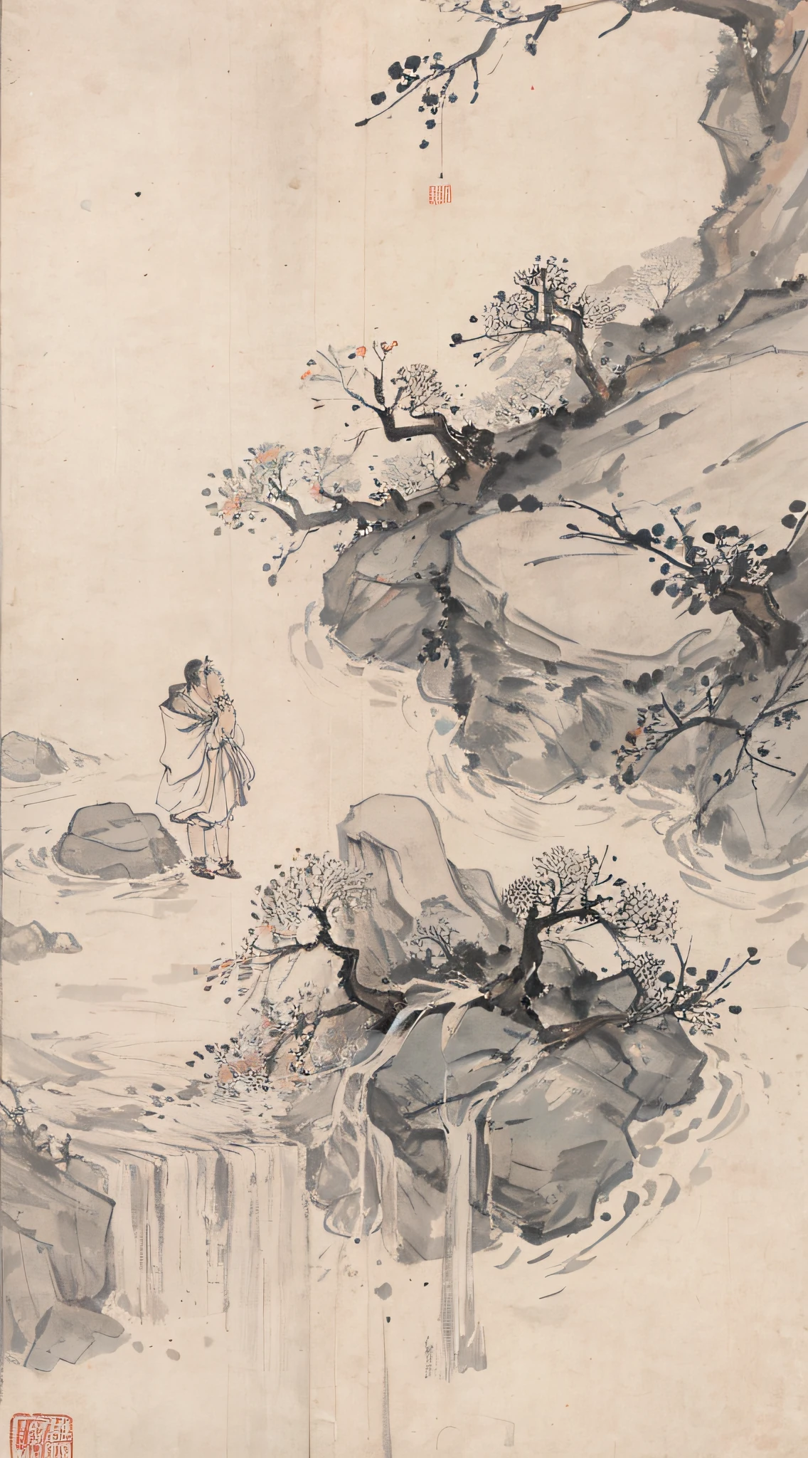 (Masterpiece, best quality: 1.2), traditional Chinese ink painting, waterfalls between mountains, houses, tombstones, meadows
