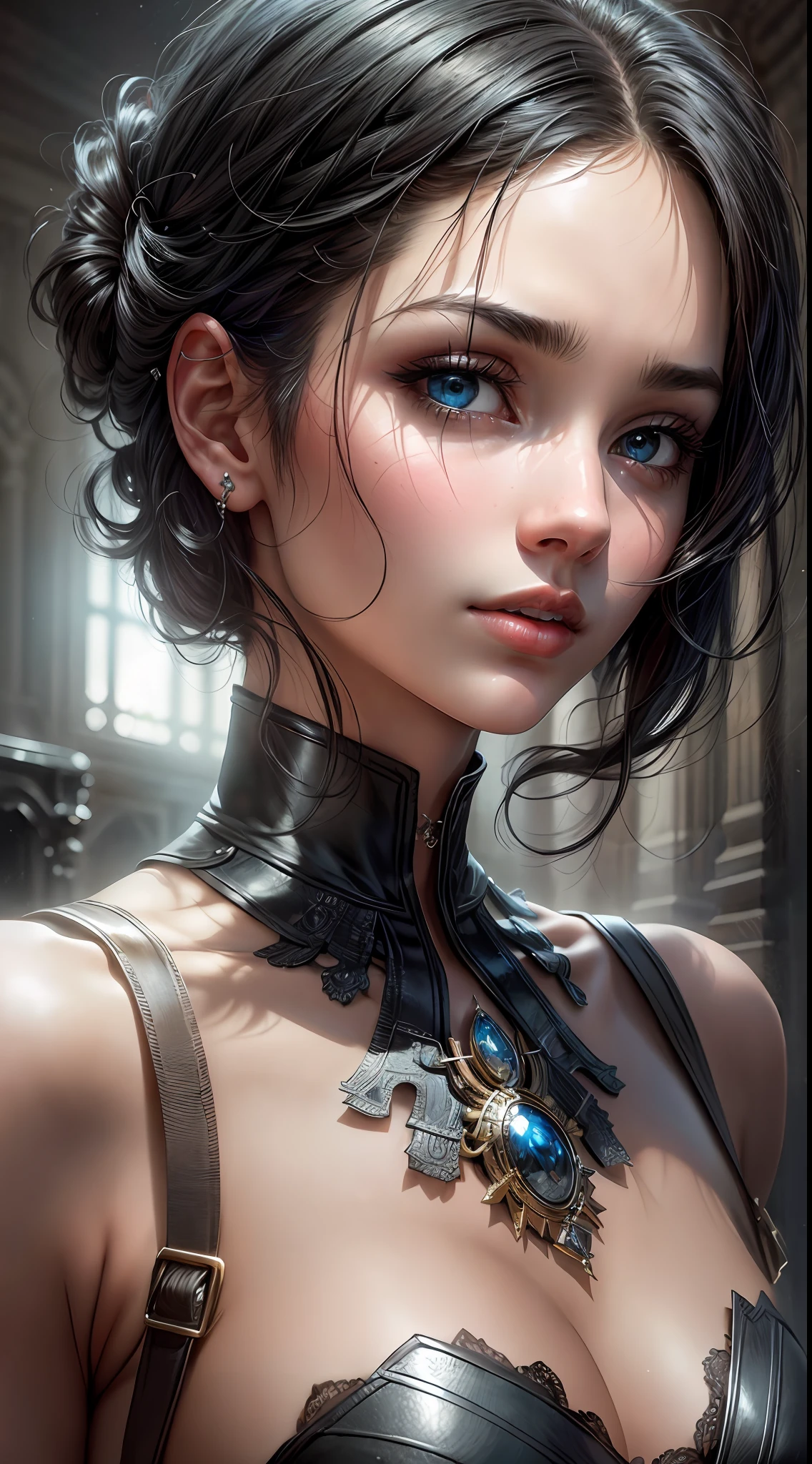 A mesmerizing masterpiece capturing a photorealistic portrayal of a woman with black hair cascading around her face. Her piercing blue eyes, subtly blurred yet captivating, draw the viewer's gaze with an intensity reminiscent of "The Matrix." She gazes directly at the viewer, exuding confidence and intrigue. The lighting is expertly crafted, casting beautiful shadows and highlighting her features with professional precision. The background is softly blurred, emphasizing her presence while maintaining a sense of depth. The portrait exudes a sense of realism, with meticulous attention to detail, including the texture of her short hair and the subtle nuances of her parted lips. The image showcases a film grain effect, adding an artistic touch and enhancing the overall atmosphere