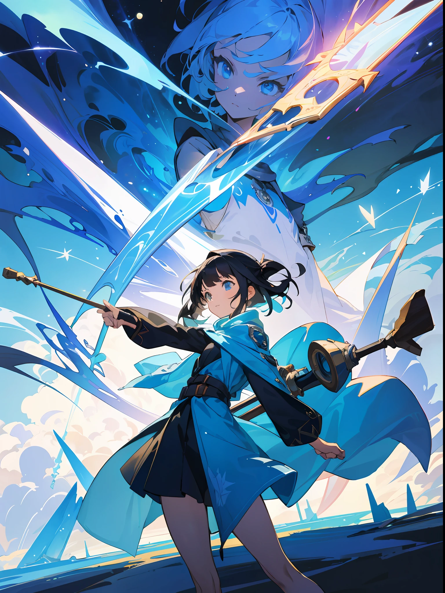 It is an illustration depicting a young girl who has wandered into the world of games. She is dressed in casual summer clothes and ready for adventure.

Around her, a landscape spreads out like a 3D digital space with a rough dot. A fantastical world of strange structures and vivid color effects unfolds before her eyes.

Her expression is full of excitement and curiosity, giving a sense of willingness to adventure. In her hands are magic wands, weapons and adventure tools, symbolizing her determination and courage.

The digital space of the background is full of distinctive elements unique to the game world. Light particles and geometric shapes float in the air, creating an enigmatic world where her adventures await.

Fine details in the highest image quality, pay close attention to the girl's outfit, facial expressions, and digital depiction of the background. Please enjoy the illustrations depicting the figure of a young girl who has wandered into the game world.