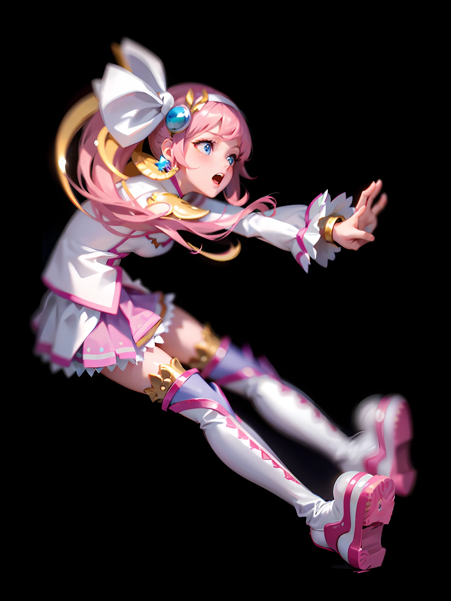 (Cute + Dynamic: 1.2), (Masterpiece: 1.5), (Best Quality: 1.5), Perfect Hand Drawn 8K Wallpaper, Girly Hands Waves, Playful Open Mouth, Single Ponytail + Pink Hair (1.3), Long Flowing Hair, Blue Eyes, Glamorous Sight, White Long-sleeved Shirt + Pink Skirt + Over-the-Knee Socks (1.2), Exquisite Headgear, White Boots (1.2), Beautiful Legs Burst (1.2), Plain White Background (1.5).