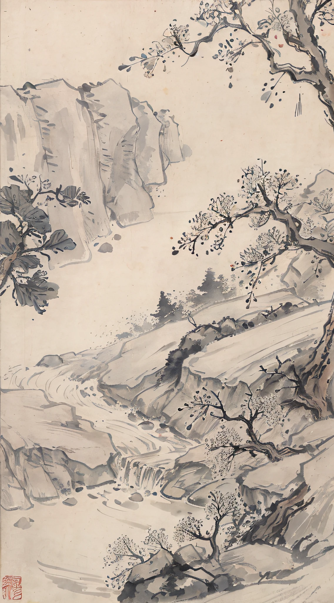 (Masterpiece, best quality: 1.2), traditional Chinese ink painting, waterfalls between mountains, houses, tombstones, meadows