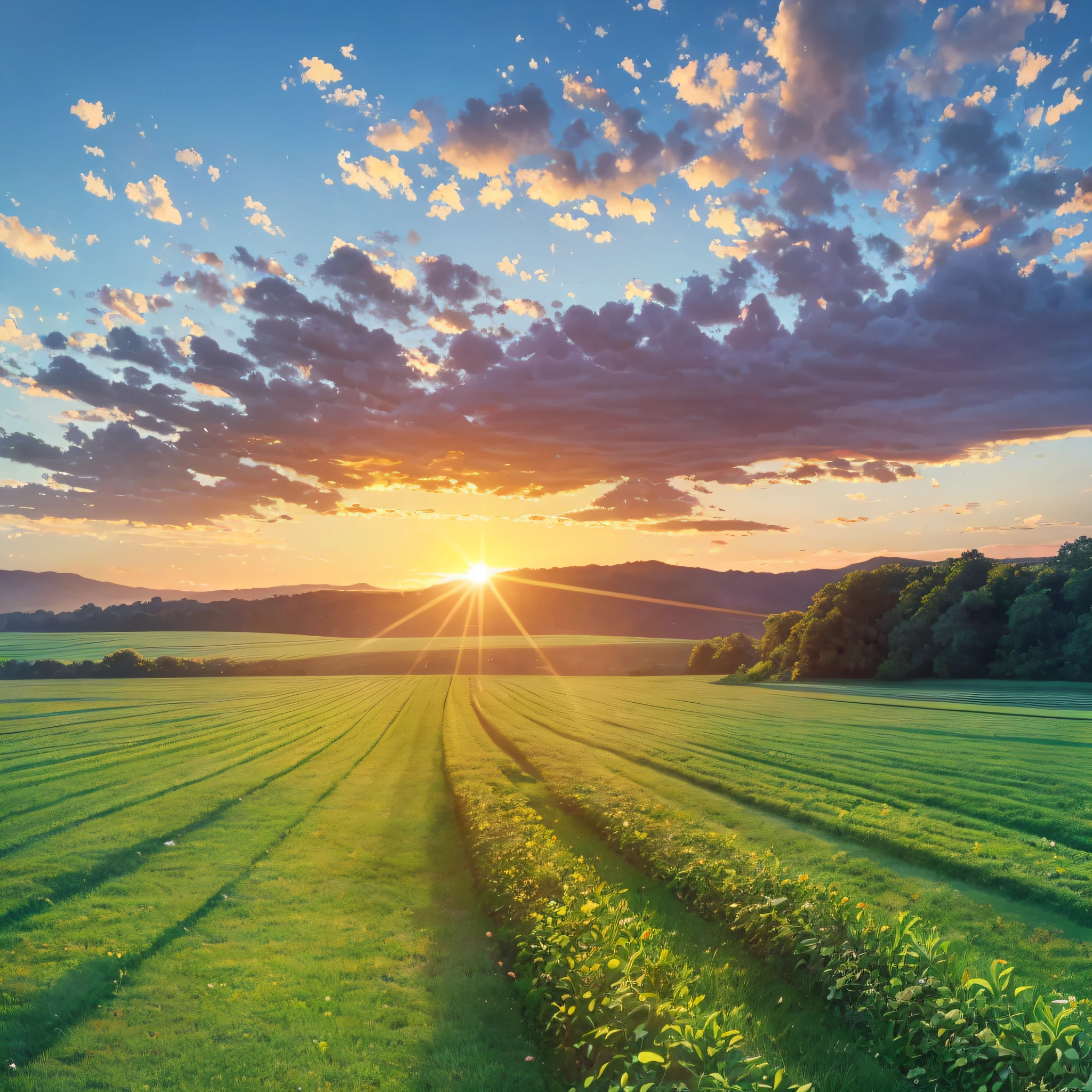 A stunning landscape of one (sunrise) in a verdant field, 8k uhd, dslr, soft lighting, high quality, film grain, Fujifilm XT3 --auto --s2