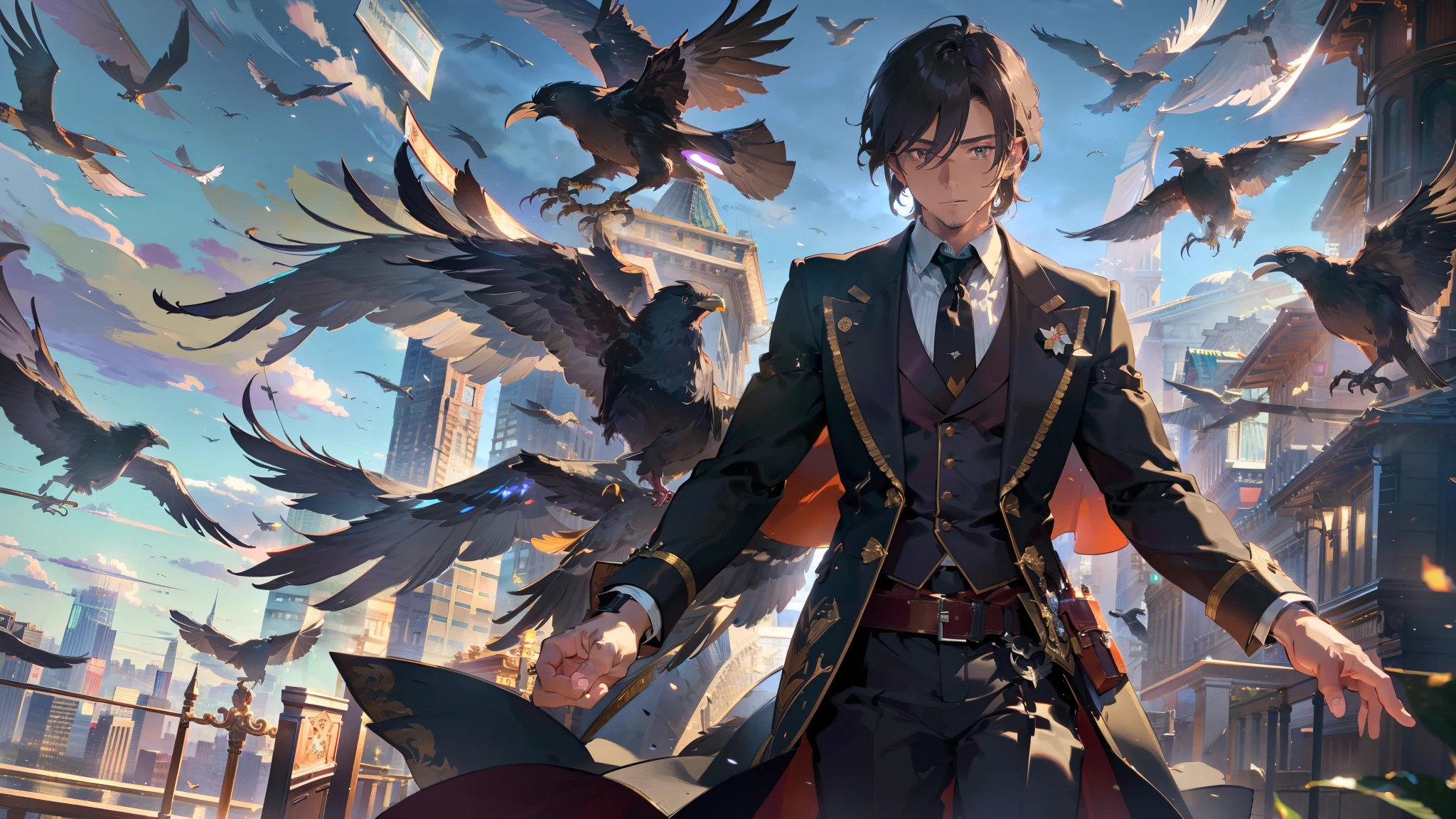 Young man, man, male, super detailed, very detailed, best quality, masterpiece, illustration, an extremely delicate beautiful, very detailed, CG, unity, 8K wallpaper, amazing, fine detail, masterpiece, best quality, official art, extremely detailed CGUnity8K wallpaper, boy, crow, gentleman, physically based rendering