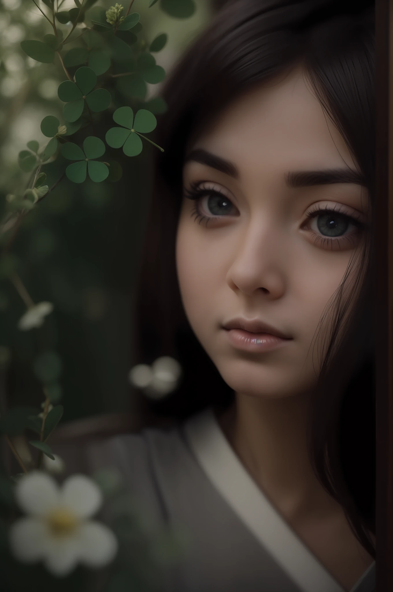 ((Realistic lighting, superlative, 8k, masterpiece: 1.3)), beautiful 20-year-old 1 girl, black hair, 40s japanese woman, geisha, japanese geisha makeup, 40s japan, black eyes, everyday photos, unlit tavern, looking at the camera affectionately, 900s ordinary villager's outfit, eyes with clover, very detailed portraits, details, beautiful, film photography, kodak, dreamy atmosphere, film grain, film photography, concept photography, actual,  Reality, unenlarged, oval eyebrows, ((low angle))