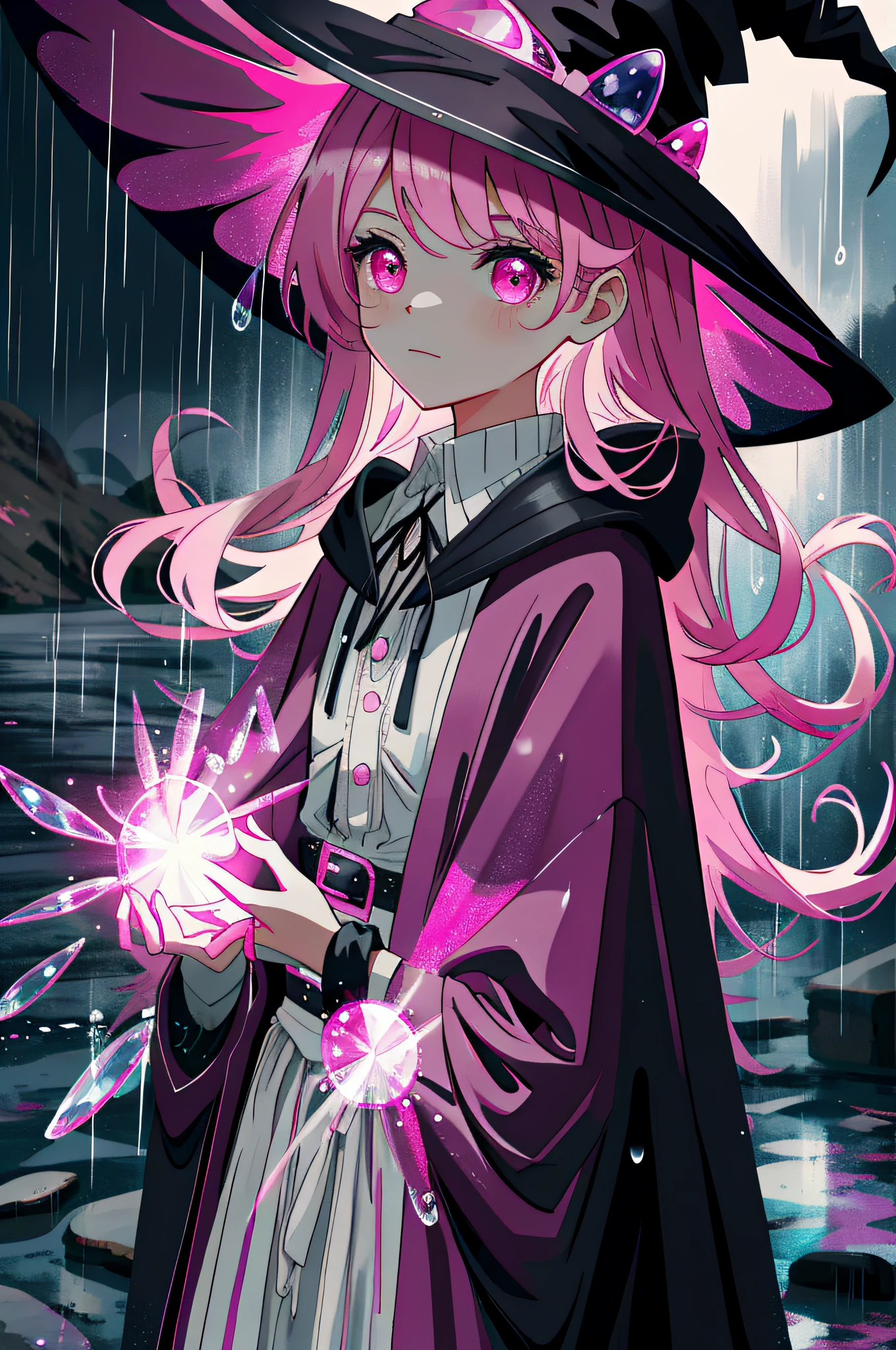 Witch, Cameo pink colors, witch hat, witch outfit, in the rain waterdrops everywhere, masterpiece, best quality