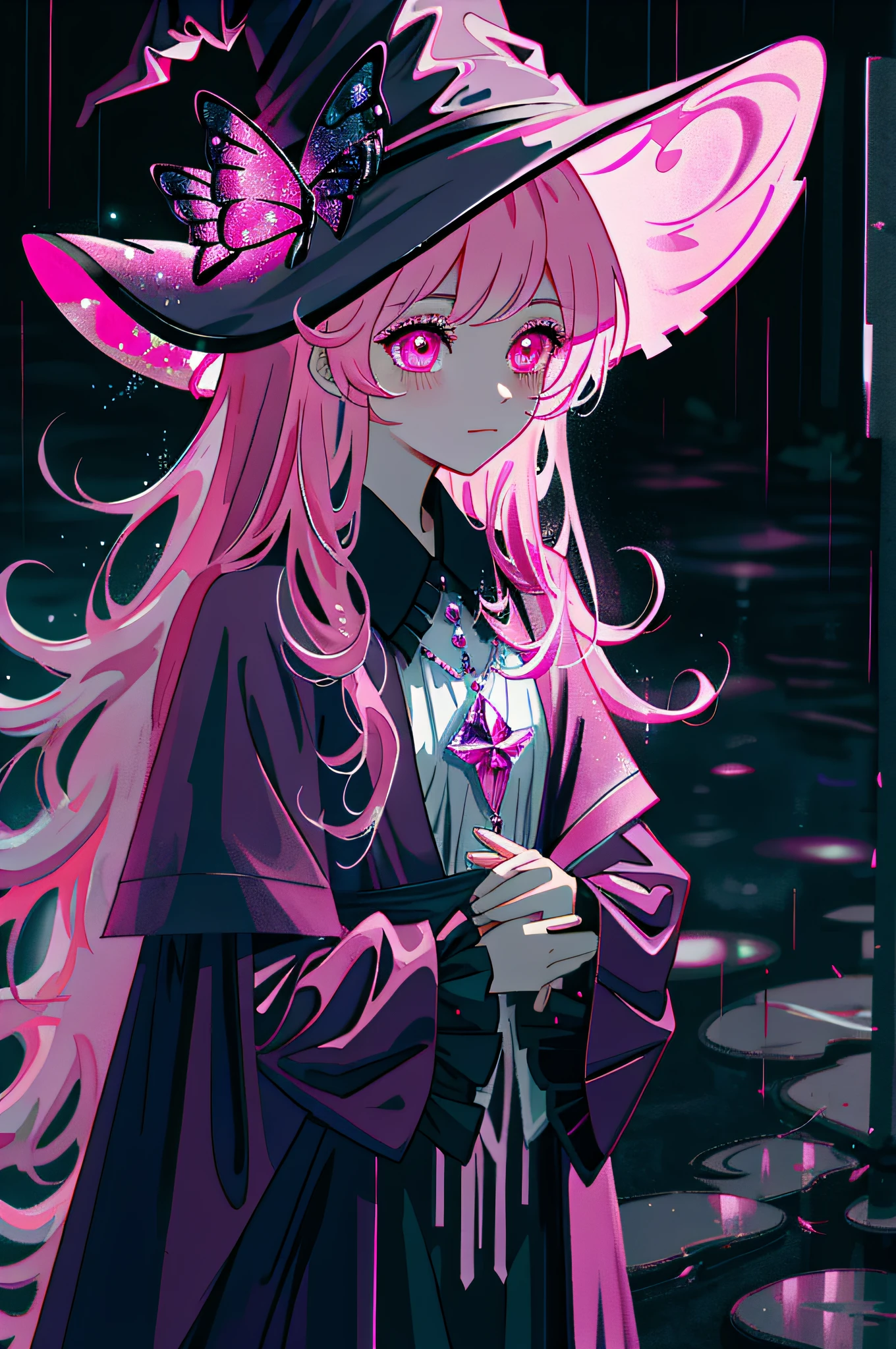Witch, Cameo pink colors, witch hat, witch outfit, in the rain waterdrops everywhere, masterpiece, best quality